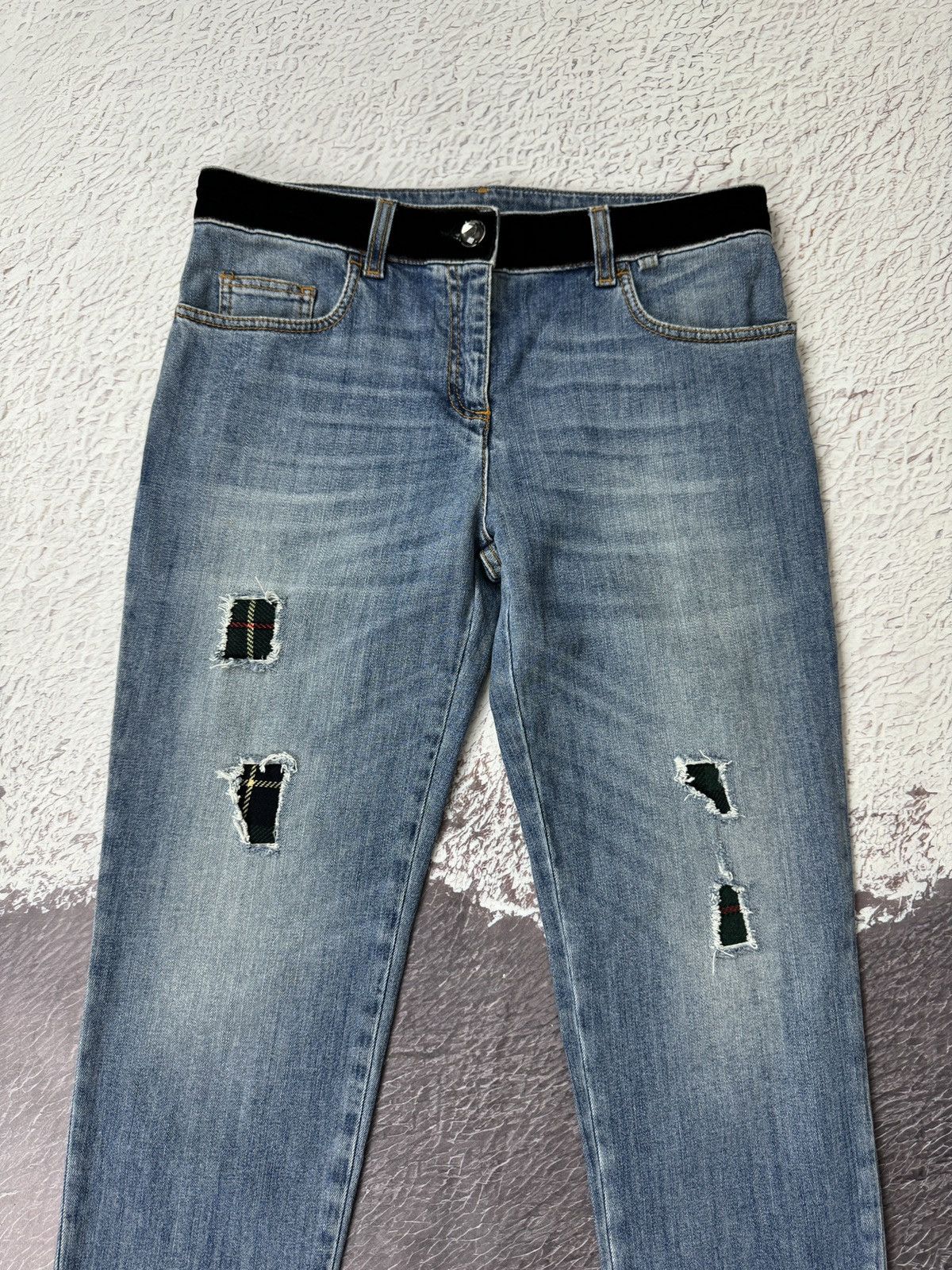 Boutique Moschino × Moschino Boutique Moschino blue distressed embroidery diamond jeans Size 30" / US 8 / IT 44 - 7 Thumbnail
