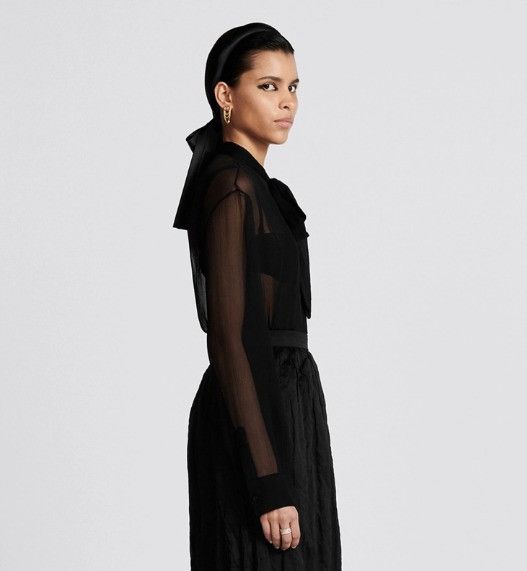 Dior o1w1db10824 Silk Crepe Sheer Blouse in Black Size L / US 10 / IT 46 - 5 Thumbnail