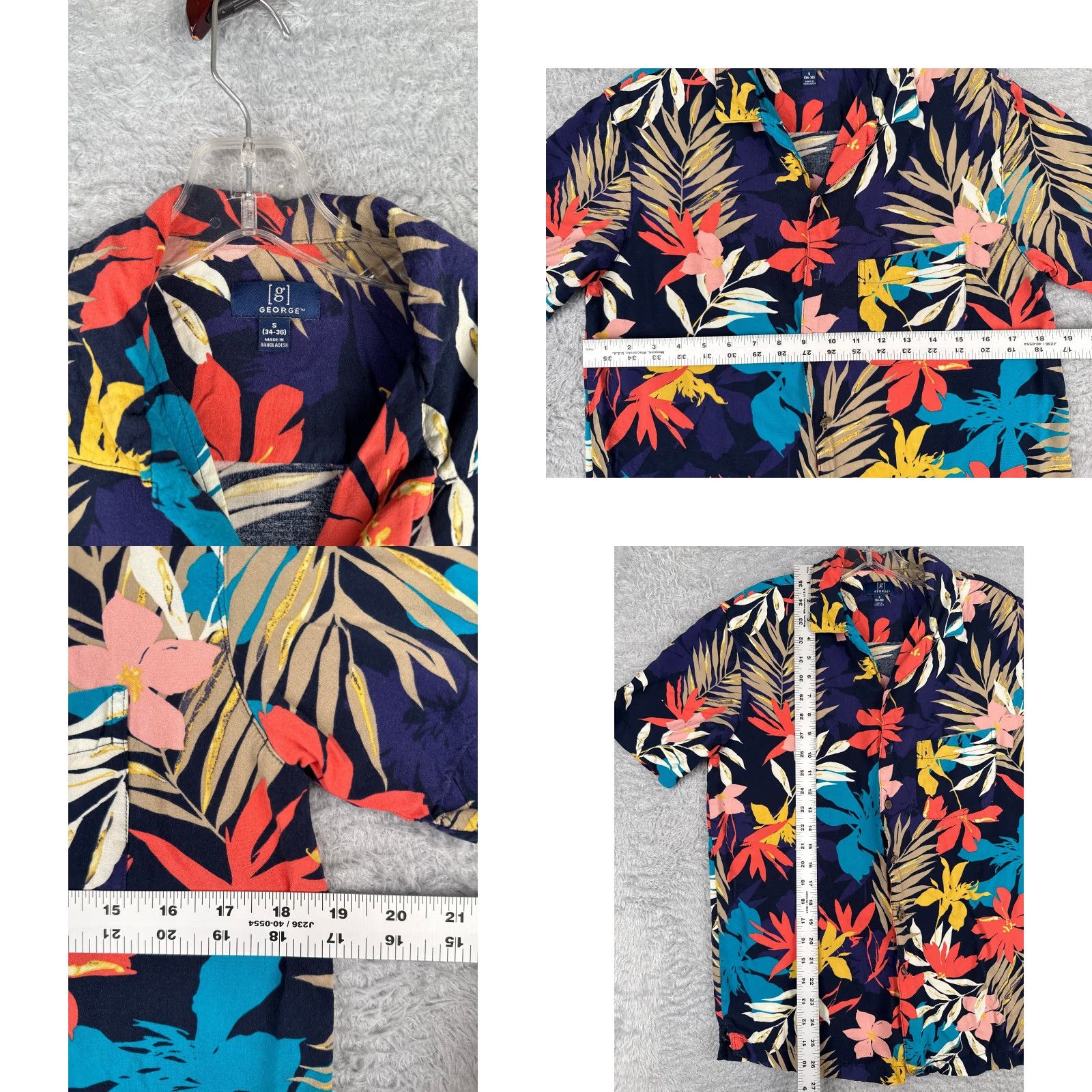 George George Shirt Men Small Blue Floral Palm Leaf Print Hawaiian 100% Rayon Pocket Short Sleeve Button-Up Mens Size US S / EU 44-46 / 1 - 8 Thumbnail