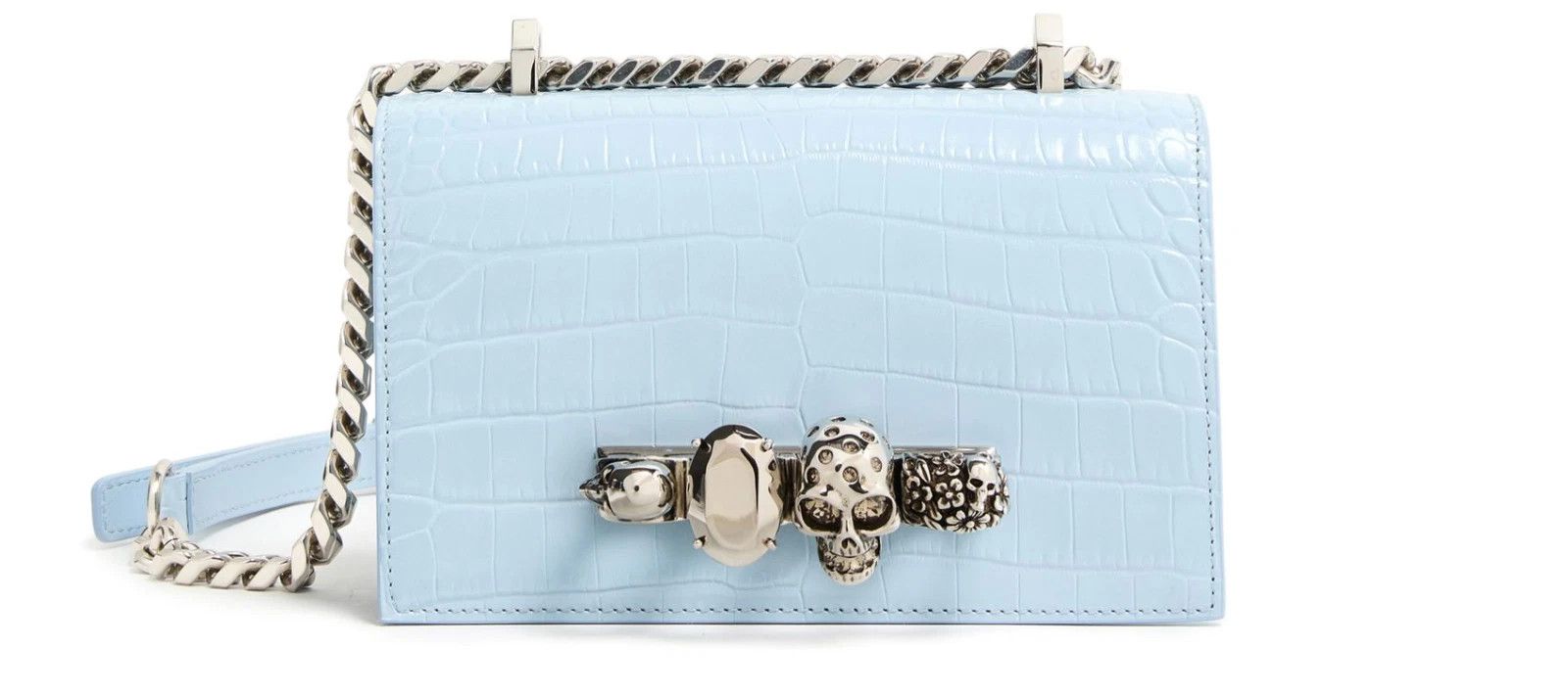 A. McQueen Mini Jewelled Lt Blue/Silvr Lthr Shldr Bag New
