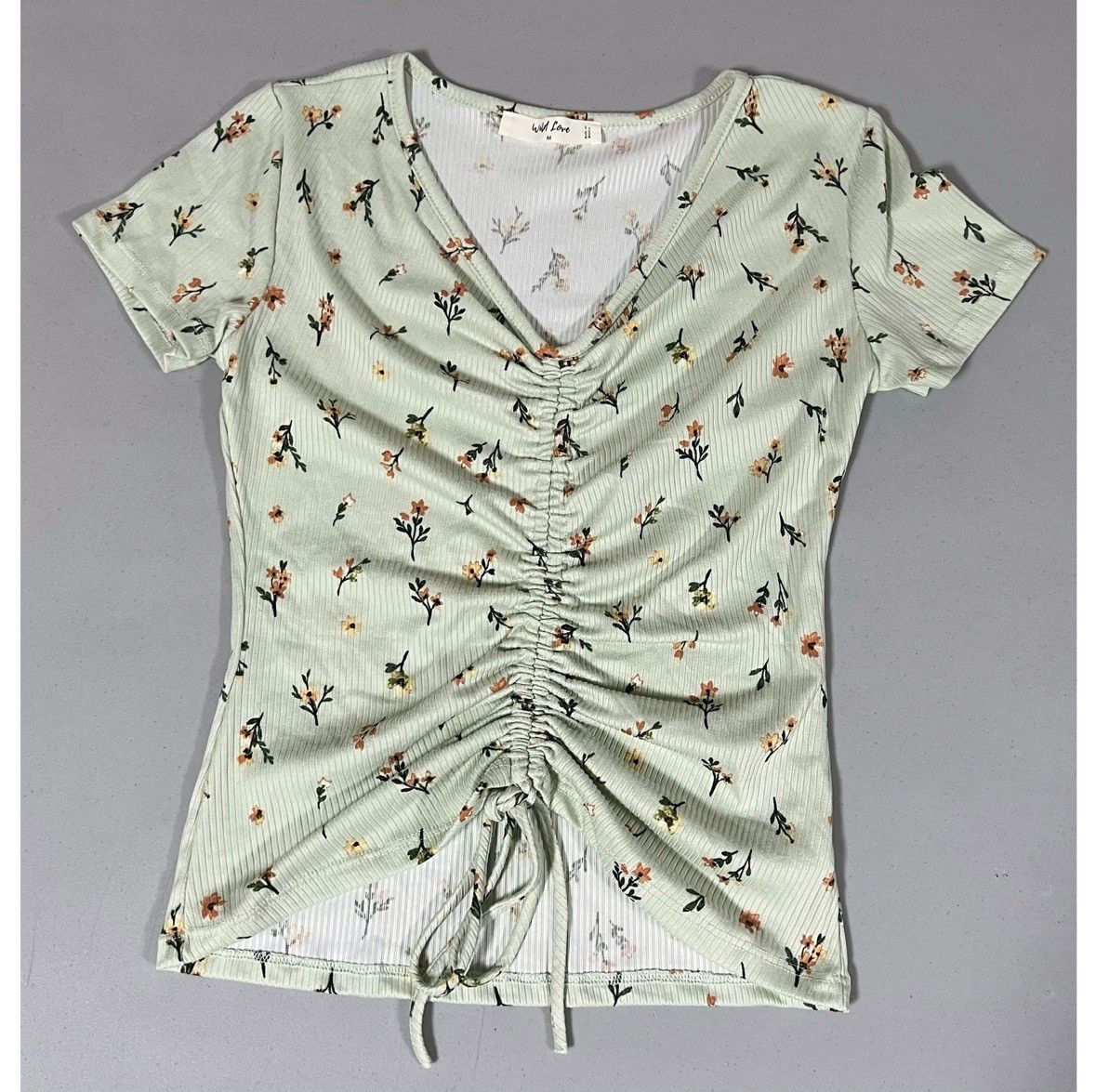 Vintage Green Pastel Floral Ruched Tee T-Shirt Top Blouse Size M 🪷✨ Size M / US 6-8 / IT 42-44 - 2 Thumbnail