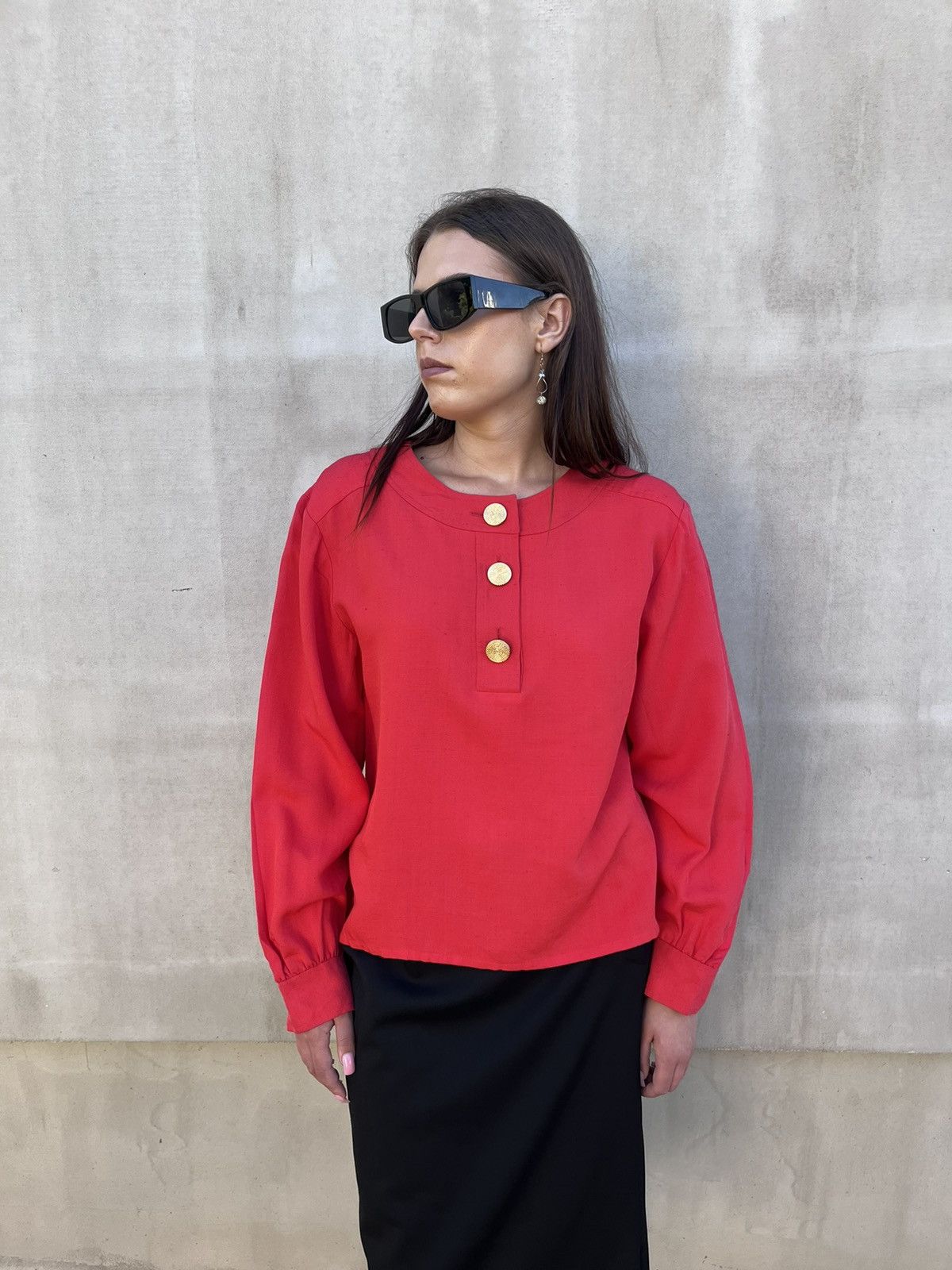 Yves Saint Laurent YSL Variation Red Silk Linen Blouse Gold Buttons Vintage F38 Size S / US 4 / IT 40 - 1 Thumbnail