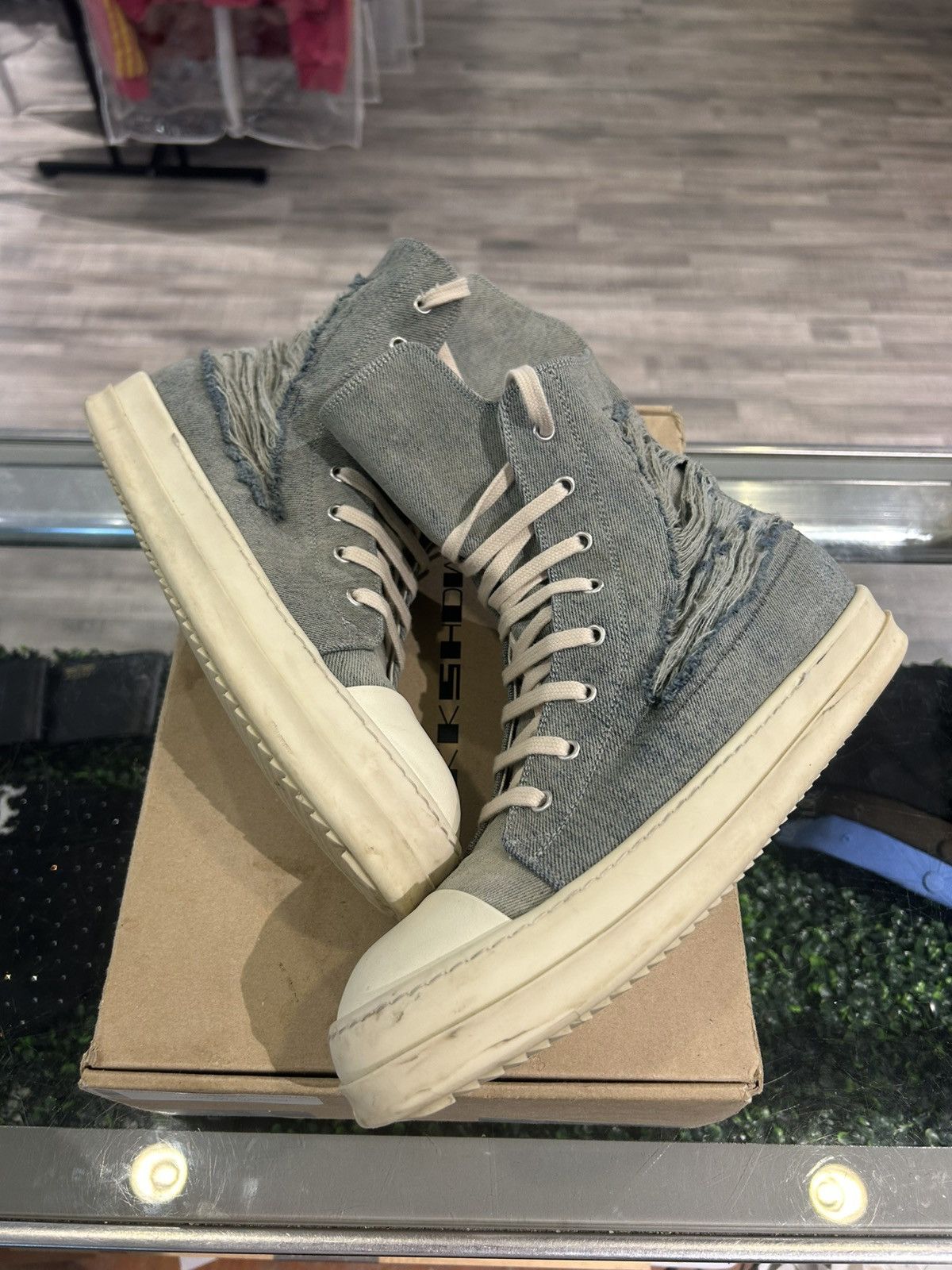 Rick Owens DRKSHDW Distressed Denim High-Top Sneakers
