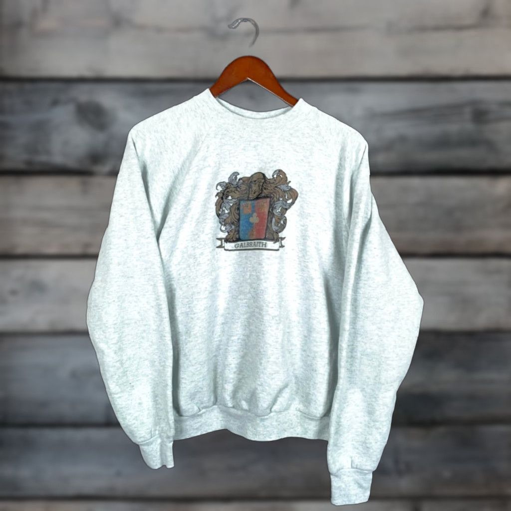 Fruit Of The Loom VINTAGE Galbraith Crest Sweatshirt Adult XL Heather Gray Raglan Sleeves Crew Neck Pullover Cotton Blend 50/50 Graphic Print Men Size US XL / EU 56 / 4 - 1 Thumbnail