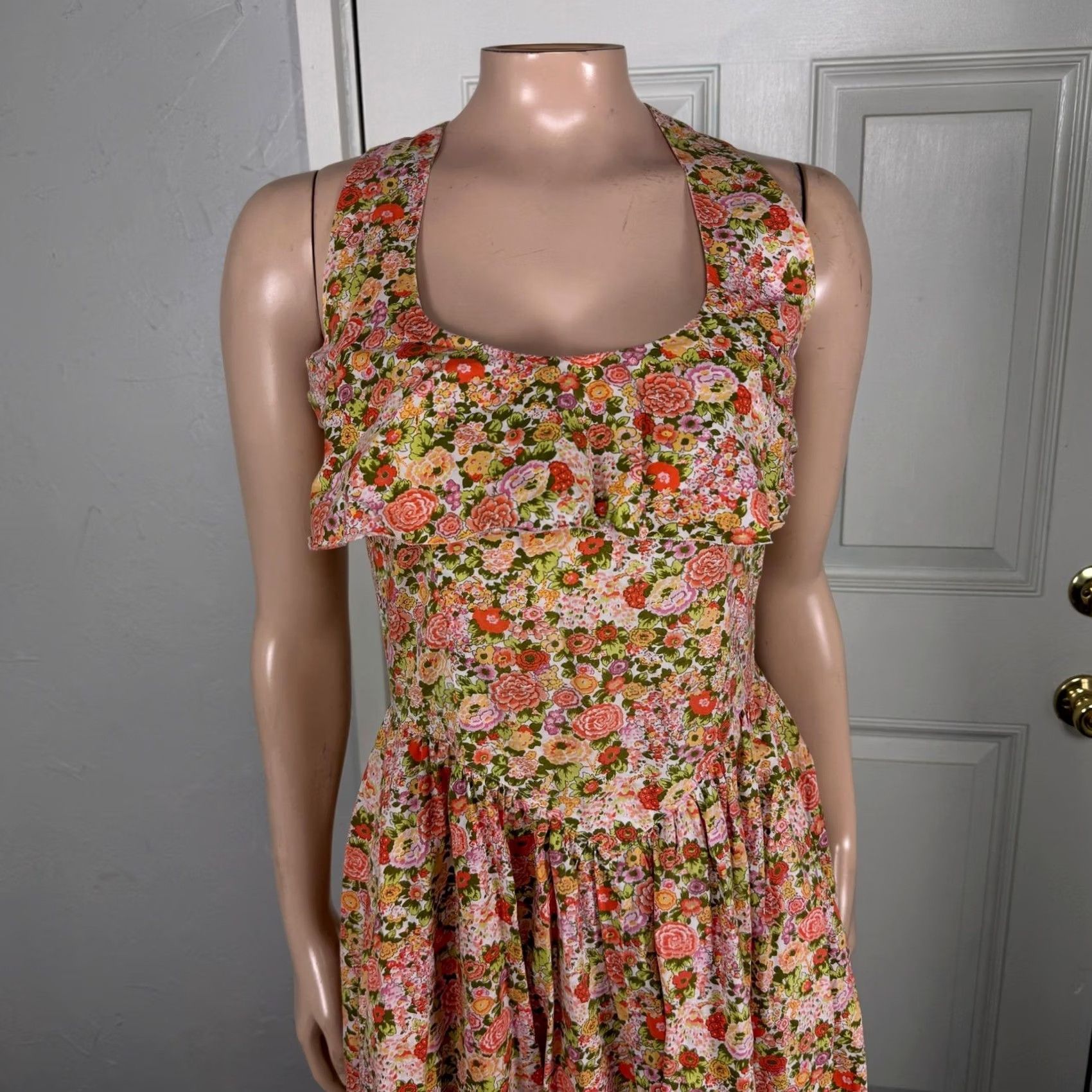 Vintage VINTAGE Dress Floral Cotton Ruffle Cottage Open Pockets Knit 50s 60s Shirt Dress XS Orange Womens Mid-Length Sleeveless Cap? Size XS / US 0-2 / IT 36-38 - 2 Thumbnail