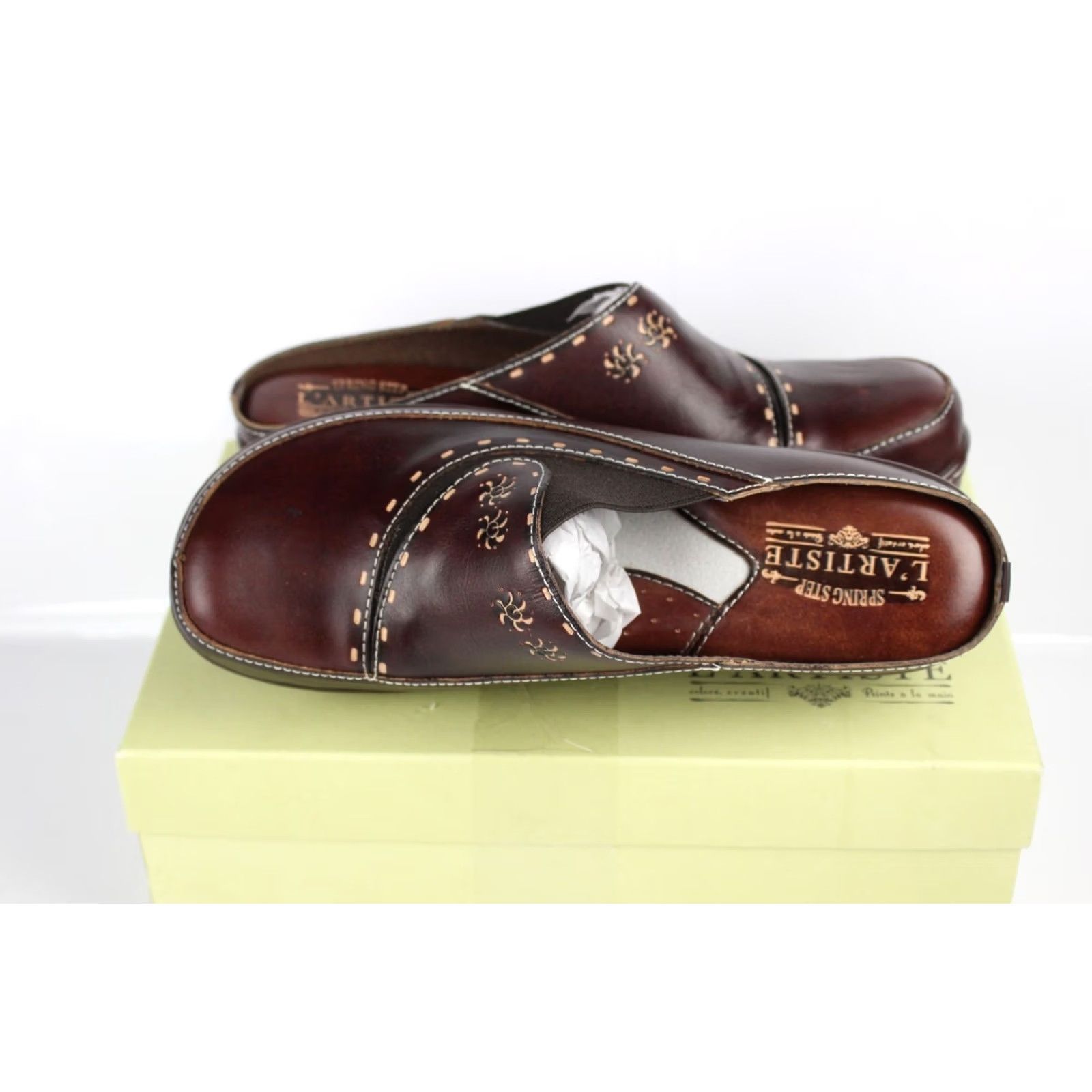 Vintage Spring Step L'Artiste Women's Chino Leather Clogs Brown 42 / 10.5-11 Brown Floral Slip On Cushioned Leather Casual Women's Shoes Size ONE SIZE - 3 Thumbnail