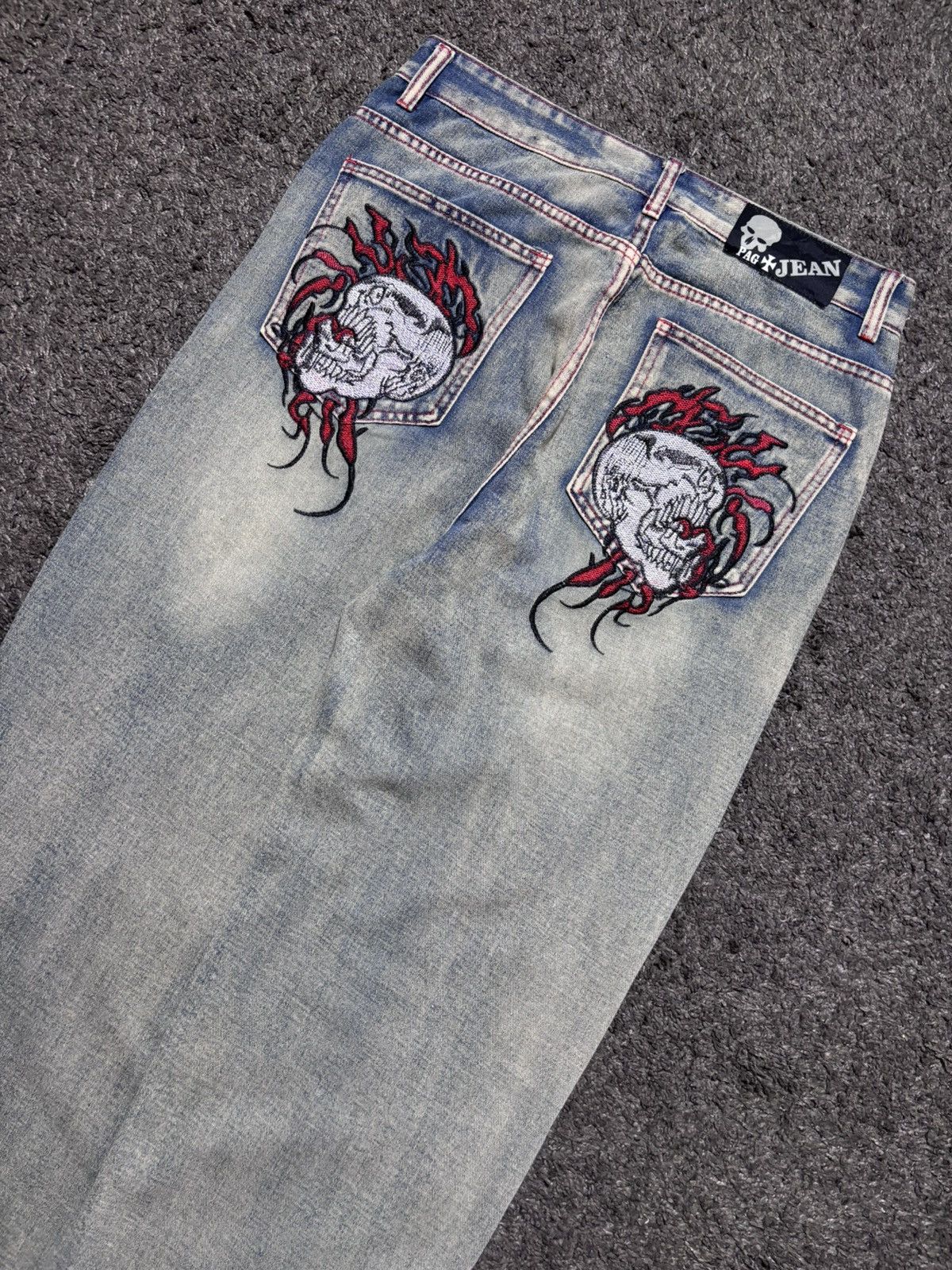 JNCO Vintage rare fire skulls embroidered gray blue baggy jeans Size US 33 - 3 Thumbnail