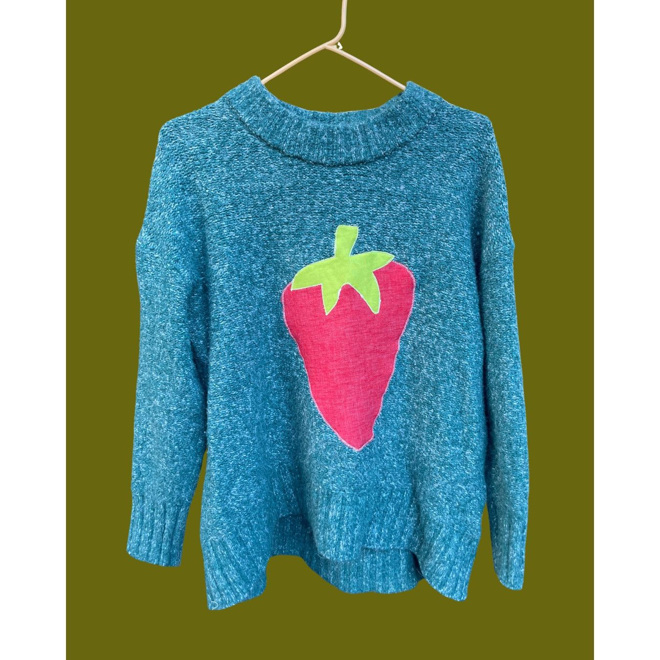 Handmade Small Upcycled Blue Knit Strawberry Applique Sweater Size S / US 4 / IT 40 - 1 Thumbnail