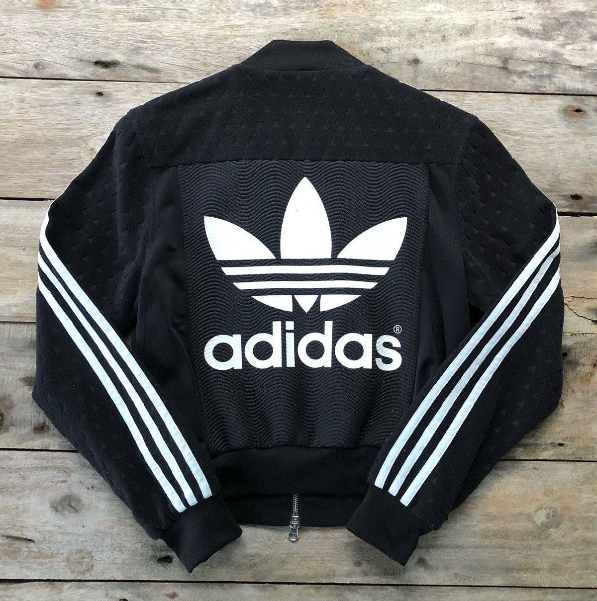 Adidas Big Logo Track Top Bikers Crop Black Bomber Jacket
