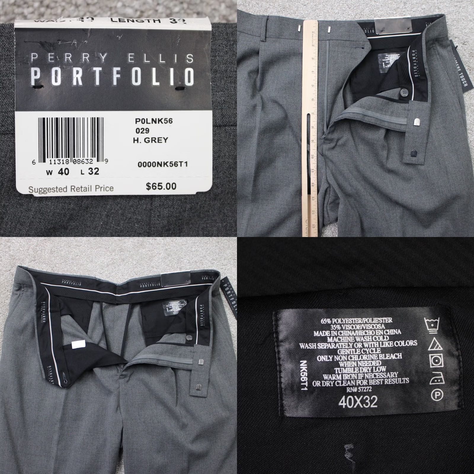 Perry Ellis Perry Ellis Portfolio Pants Mens 40x32 Gray Pleated Cuffed Polyester/Viscose Dress Pants Blue? Size US 40 / EU 56 - 8 Thumbnail