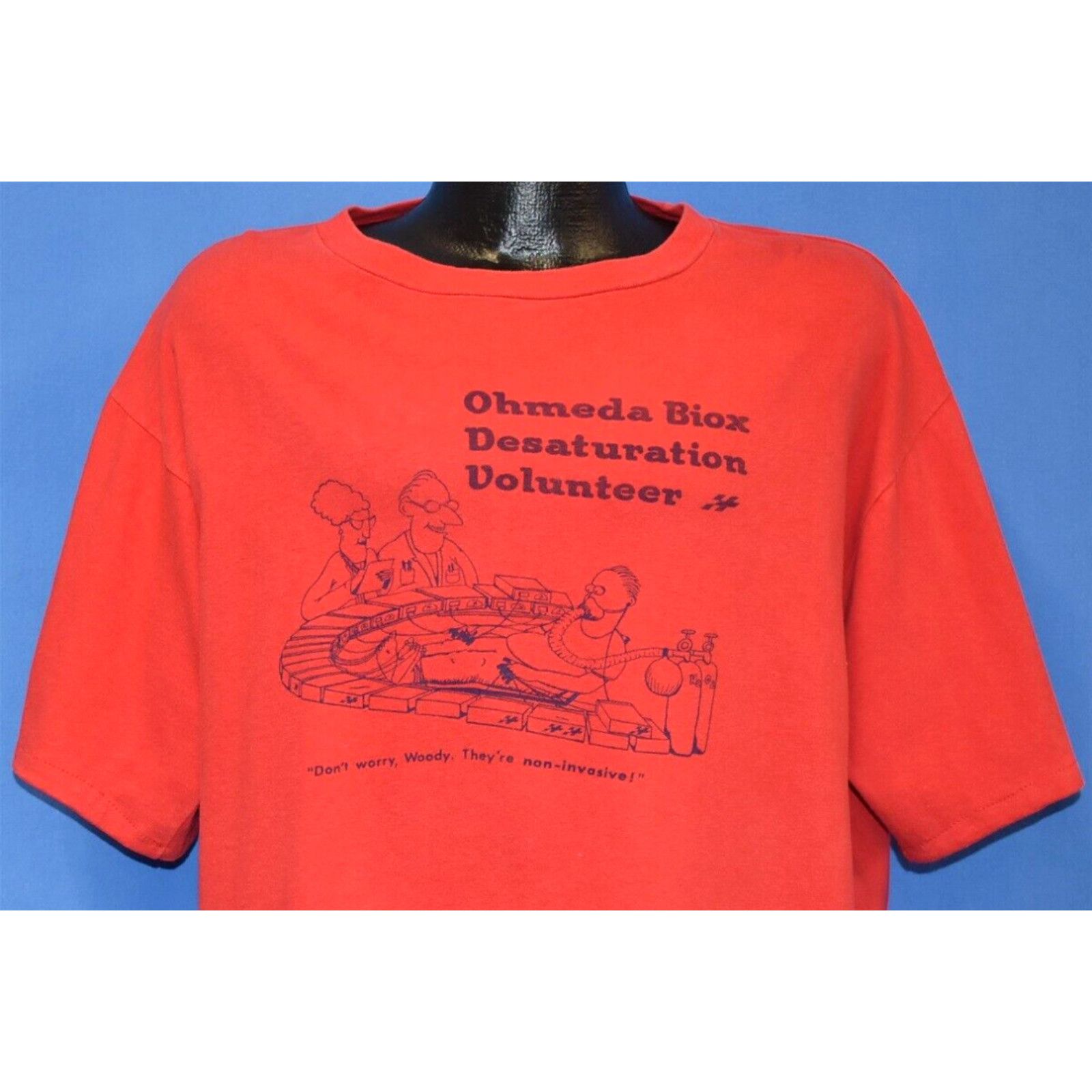 Image of Vintage VTG 70's Ohmeda Biox Desaturation Volunteer Anesthesiologist Cartoon T-Shirt XL in White