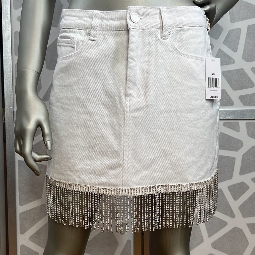 Blank NYC Rhinestones Fringe Mini White Denim Skirt NWT 26 Bottoms