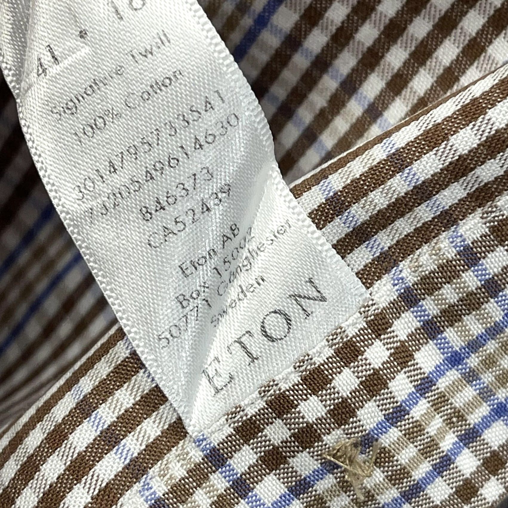 Eton Eton Shirt Mens 16 41 L Brown Blue Gingham Slim Cotton Button Down Dress Shirt Size 42R - 6 Thumbnail