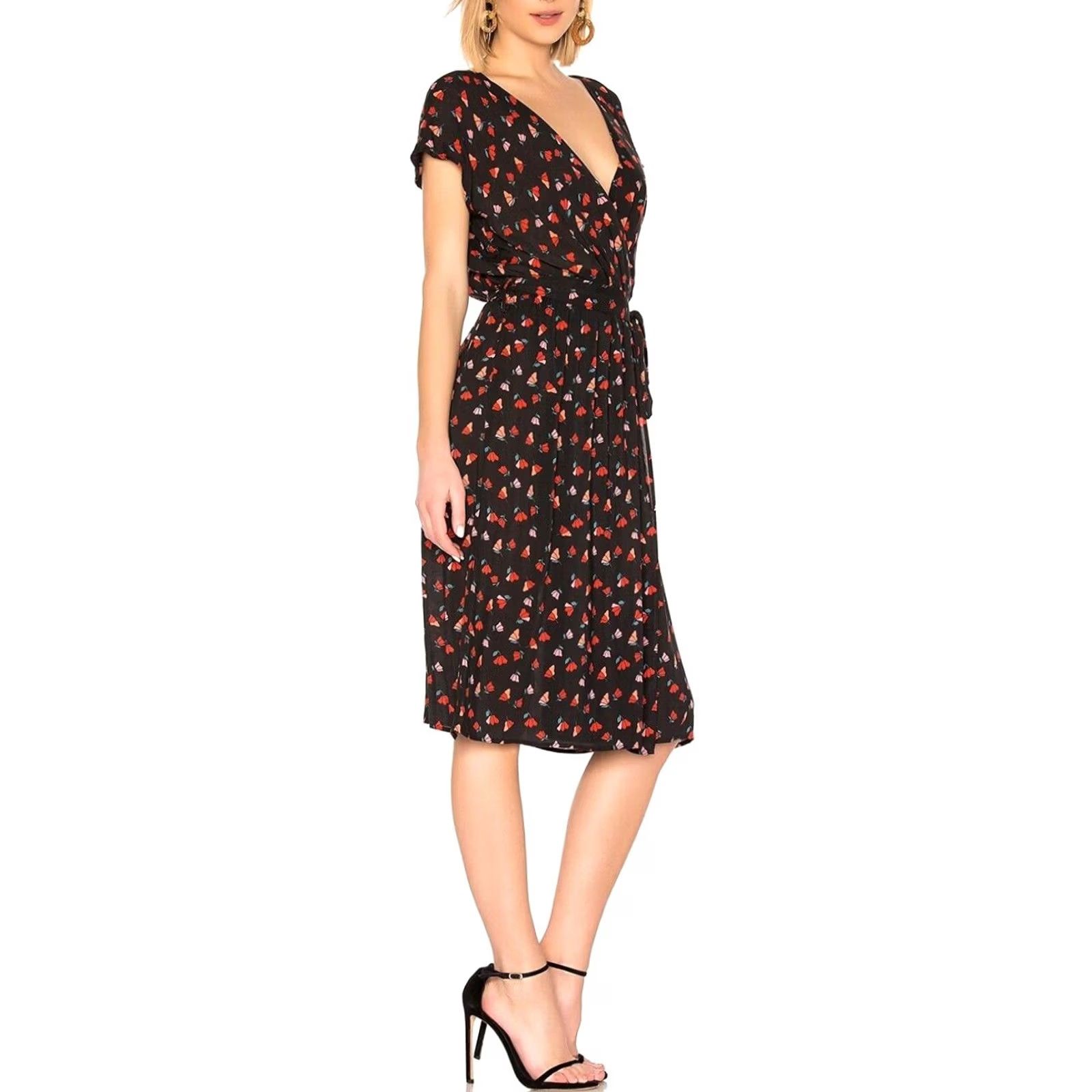 Velvet Velvet by Graham & Spencer Dress Womens Knee Length V-Neck Short Sleeve Belted Floral Black M Size M / US 6-8 / IT 42-44 - 2 Thumbnail