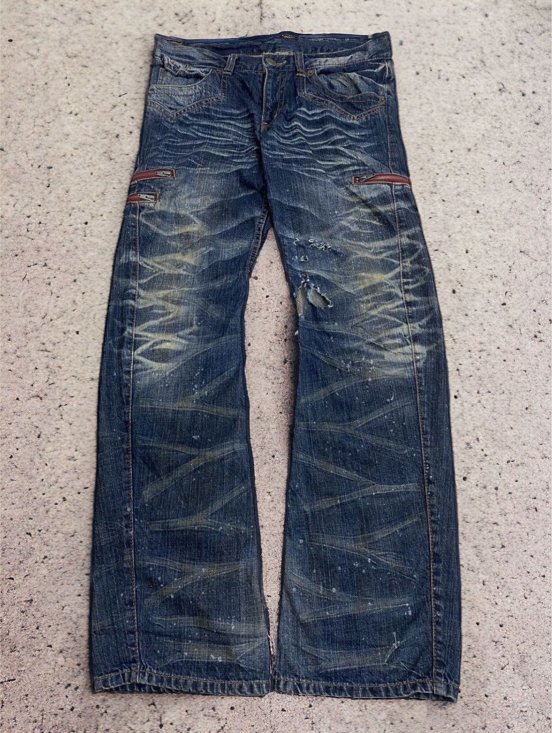 Pre-owned If Six Was Nine X Tornado Mart Flare Rattle Trap Japan Distressed Whisker Washed Honeycomb In Blue