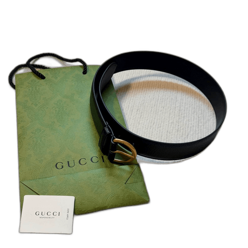 Gucci Gucci Black Leather Belt with Gold Buckle Size ONE SIZE - 1 Thumbnail