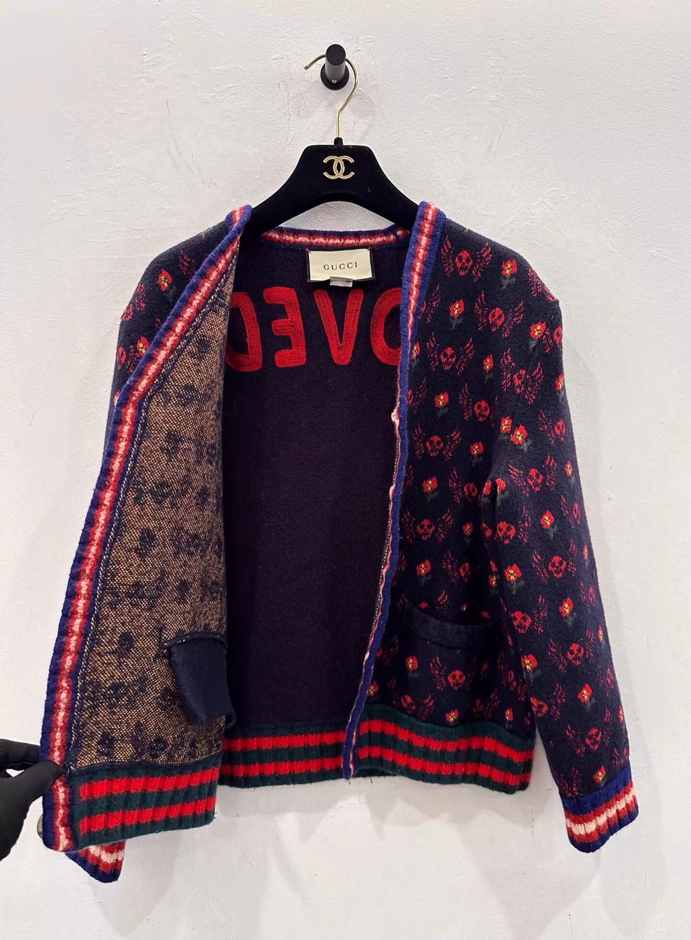 Gucci Gucci red skull logo navy wool cardigan women's S Size S / US 4 / IT 40 - 3 Thumbnail