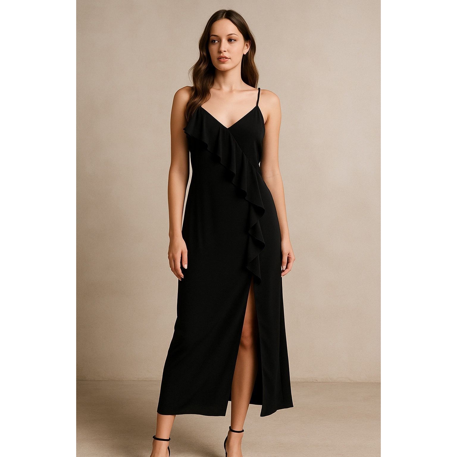 H&M Chic Minimalist Black Ruffle Slip Midi Dress with Slit H&M S Size S / US 4 / IT 40 - 1 Thumbnail