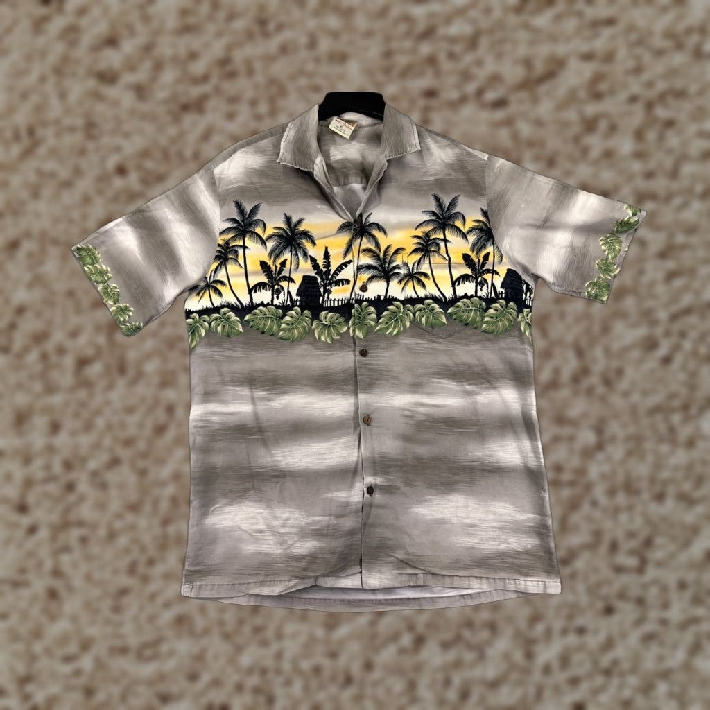Vintage Winnie Fashion Hawaiian Shirt Mens XL Gray Button Palm Trees Hut Button Shirt Size US XL / EU 56 / 4 - 1 Thumbnail