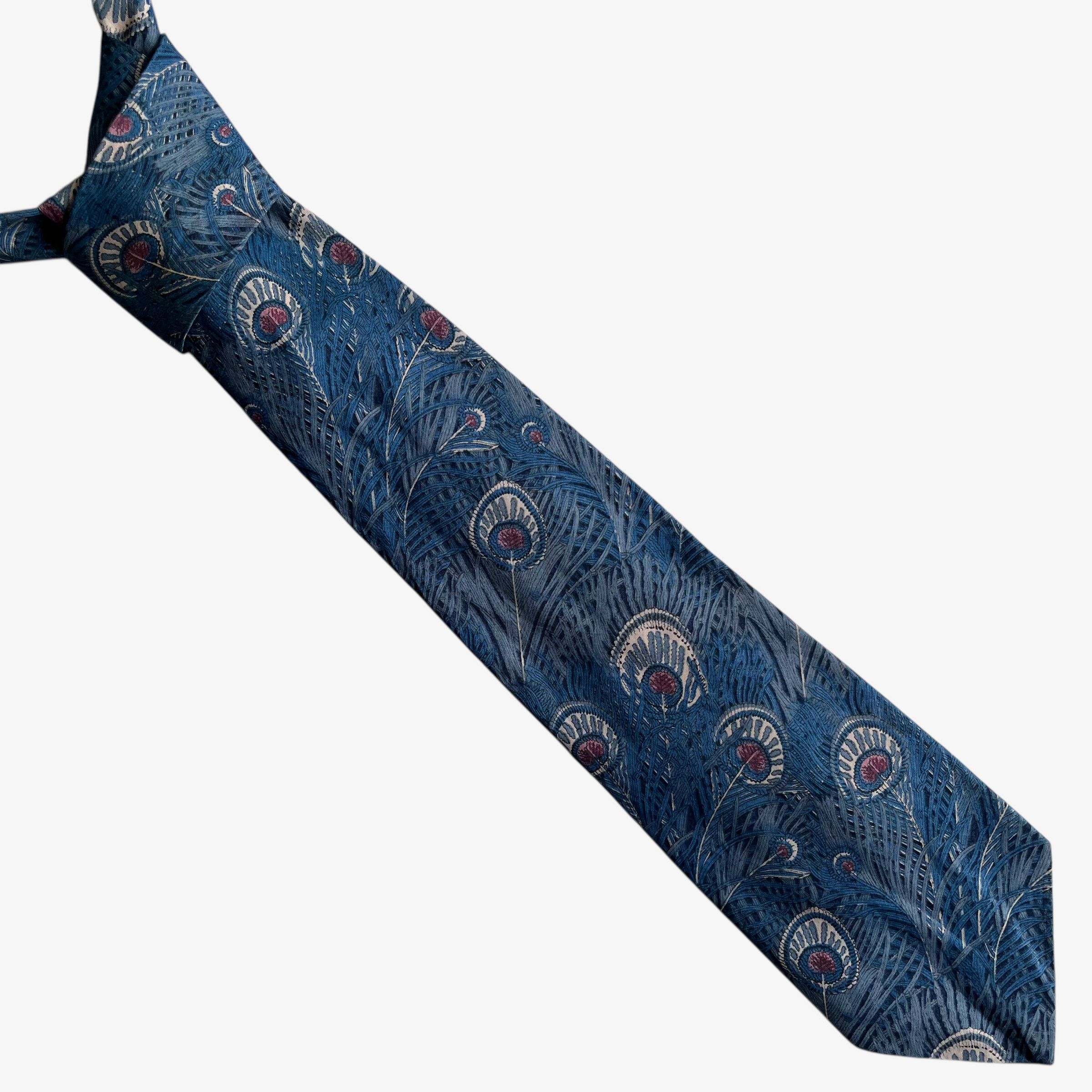 Liberty Vintage 90s Liberty Peacock Feather Print Blue Cotton Tie Size ONE SIZE - 1 Thumbnail