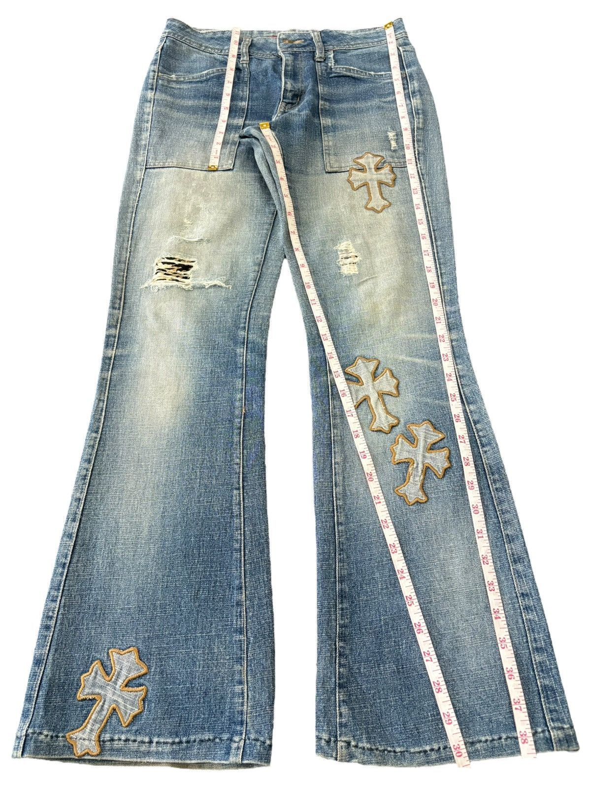 Japanese Brand Vintage Japanese Brand Cross Patches Baker Style Flare Jeans Size 29" - 11 Thumbnail