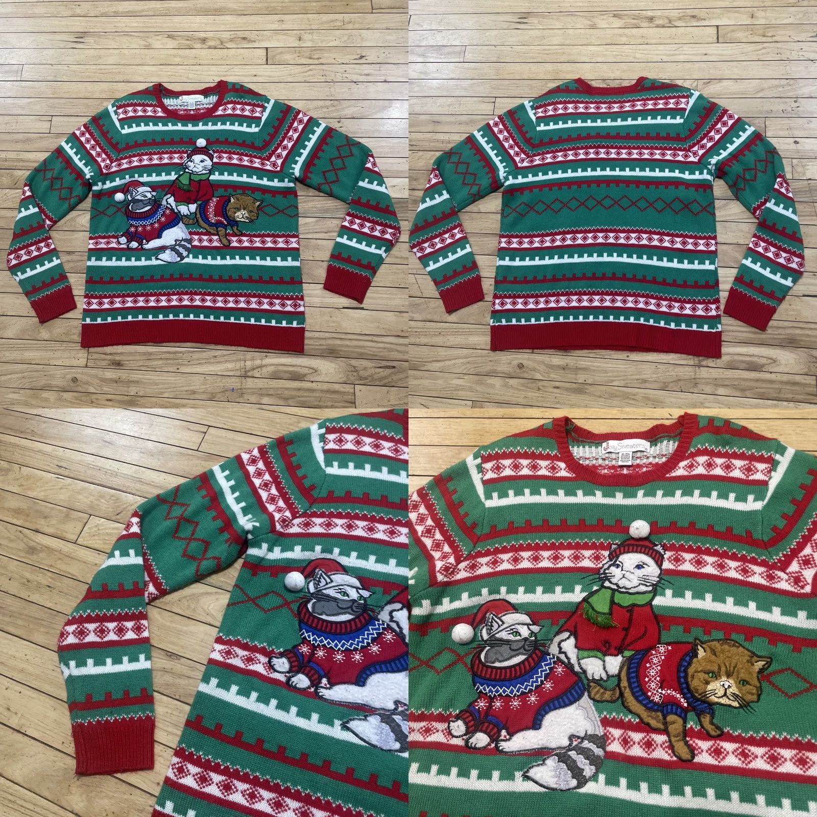 Vintage Jolly Sweaters Cat Christmas Sweater Men XL Red Green 3D Art Ugly Sweater Size US XL / EU 56 / 4 - 10 Thumbnail