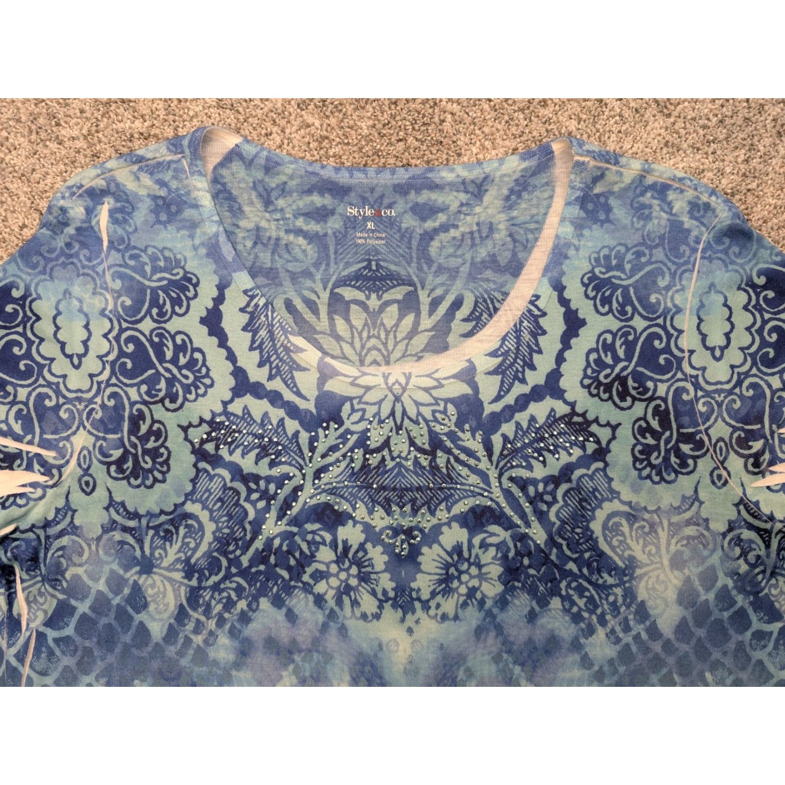 Style & Co Style & Co Shirt Womens XL Blue White Paisley Snake Print Scoop Neck Embellished Top Size XL / US 12-14 / IT 48-50 - 4 Thumbnail