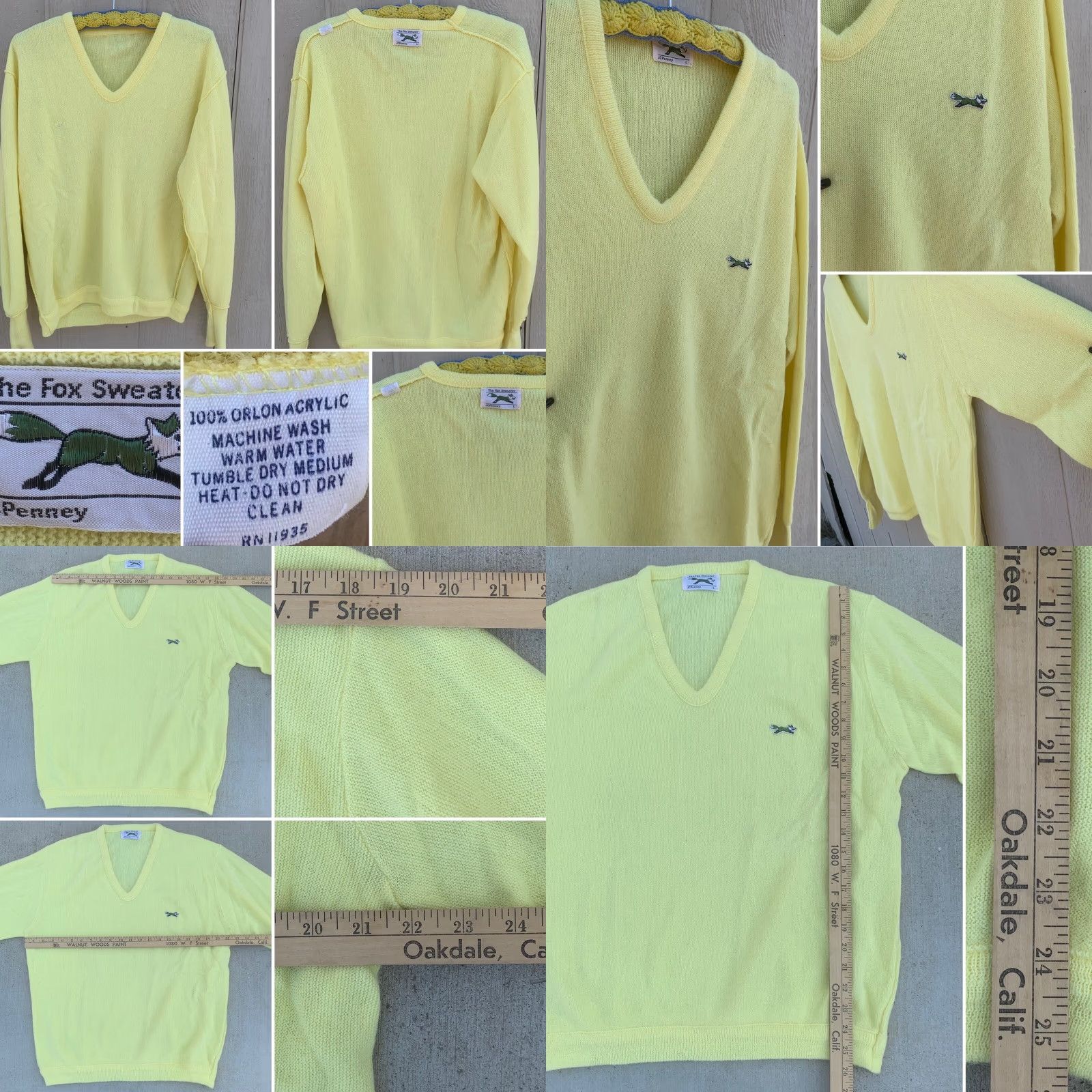 JCPenney VINTAGE The Fox Sweater JCPenney Men L Orlon Acrylic Yellow V-Neck Pullover Knits Solid 70s 80s Winter Seasons Mens Size US L / EU 52-54 / 3 - 8 Thumbnail