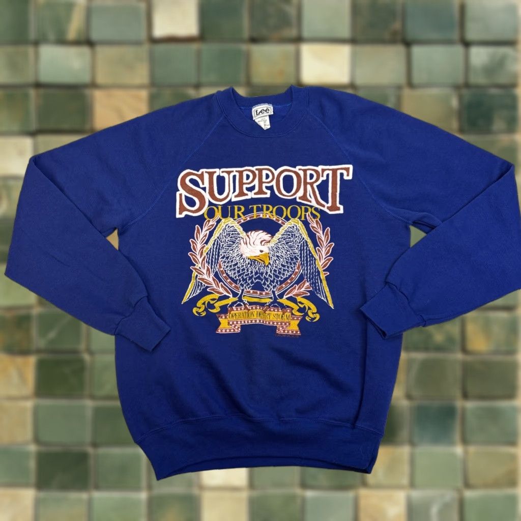 Lee Lee Sports Sweatshirt Crewneck Puff Paint Support Our Troops Desert Storm Men’s Large Blue Size US L / EU 52-54 / 3 - 1 Thumbnail
