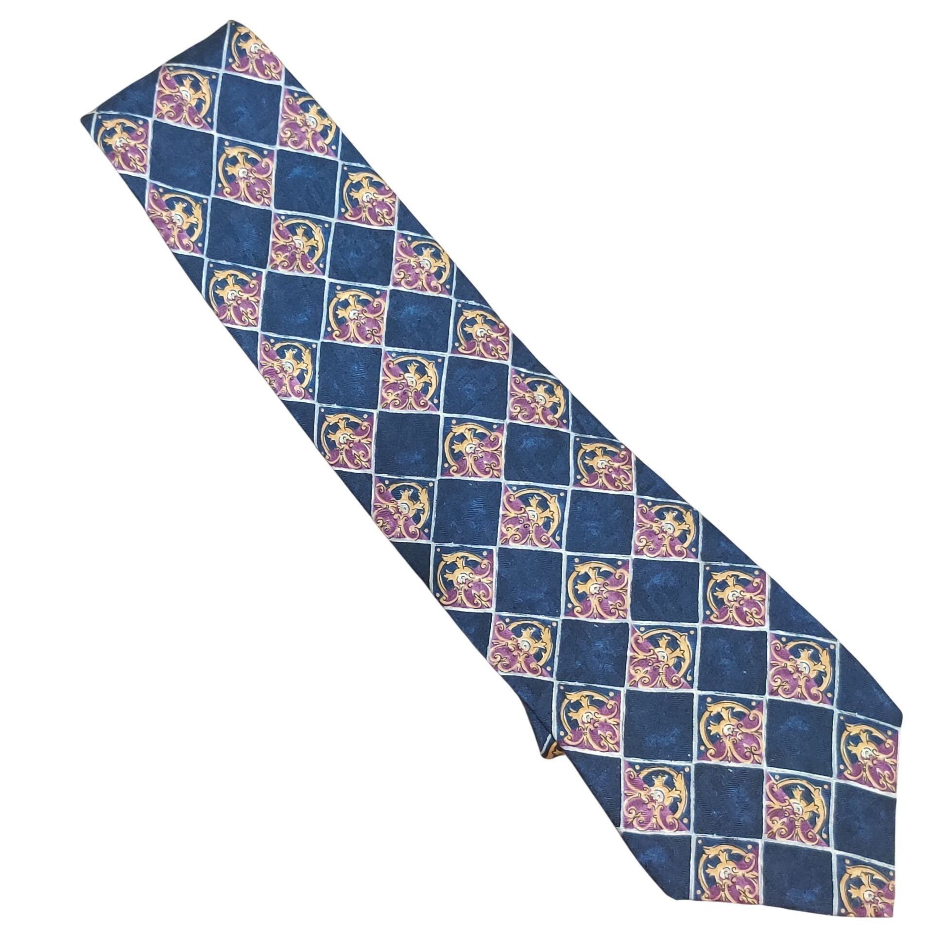 Vintage Barrington 100% Silk Tie Blue Purple Gold Diamond Scroll Vin Size ONE SIZE - 2 Thumbnail