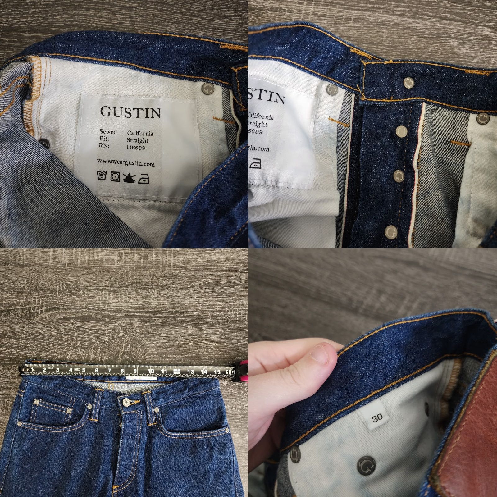 Gustin Gustin Selvedge Jeans Mens 30x34 Blue Slim Straight Denim Button Fly Jeans Mens Slim Straight 30 34 Blue Mens Size US 30 / EU 46 - 8 Thumbnail