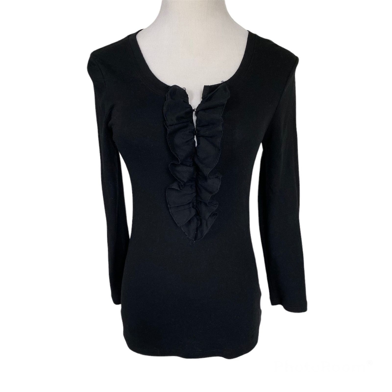 Old Navy Old Navy S Long Sleeve Black Ruffle V-Neck Shirt Top Blouse Size S / US 4 / IT 40 - 1 Thumbnail