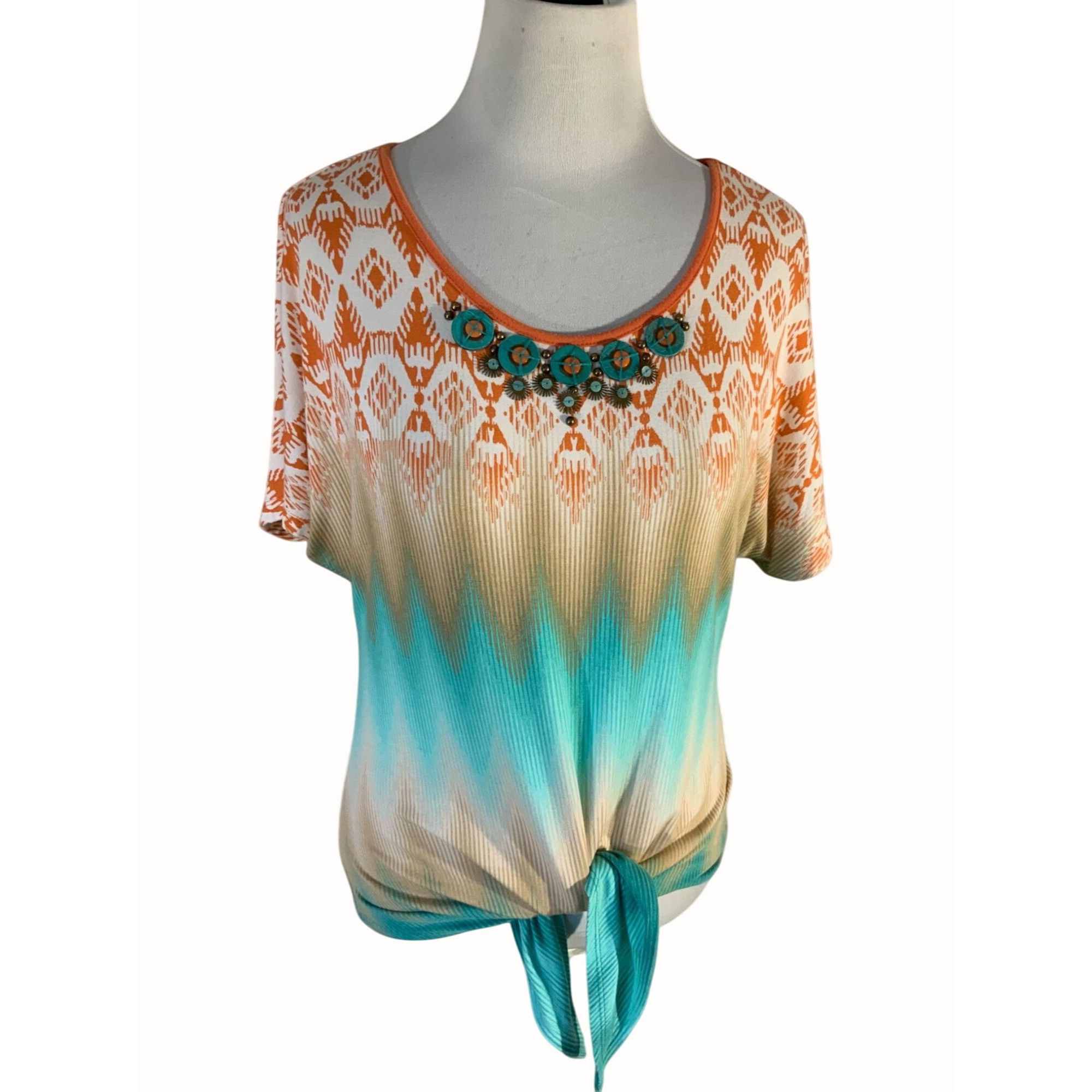 Designer Ruby Rd Short Sleeve Tie Front Embellishments Top Small Size S / US 4 / IT 40 - 1 Thumbnail