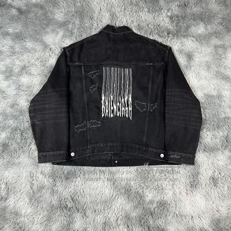 Balenciaga Balenciaga Black Embroidery Distressed Denim Jacket Size US M / EU 48-50 / 2 - 2 Thumbnail