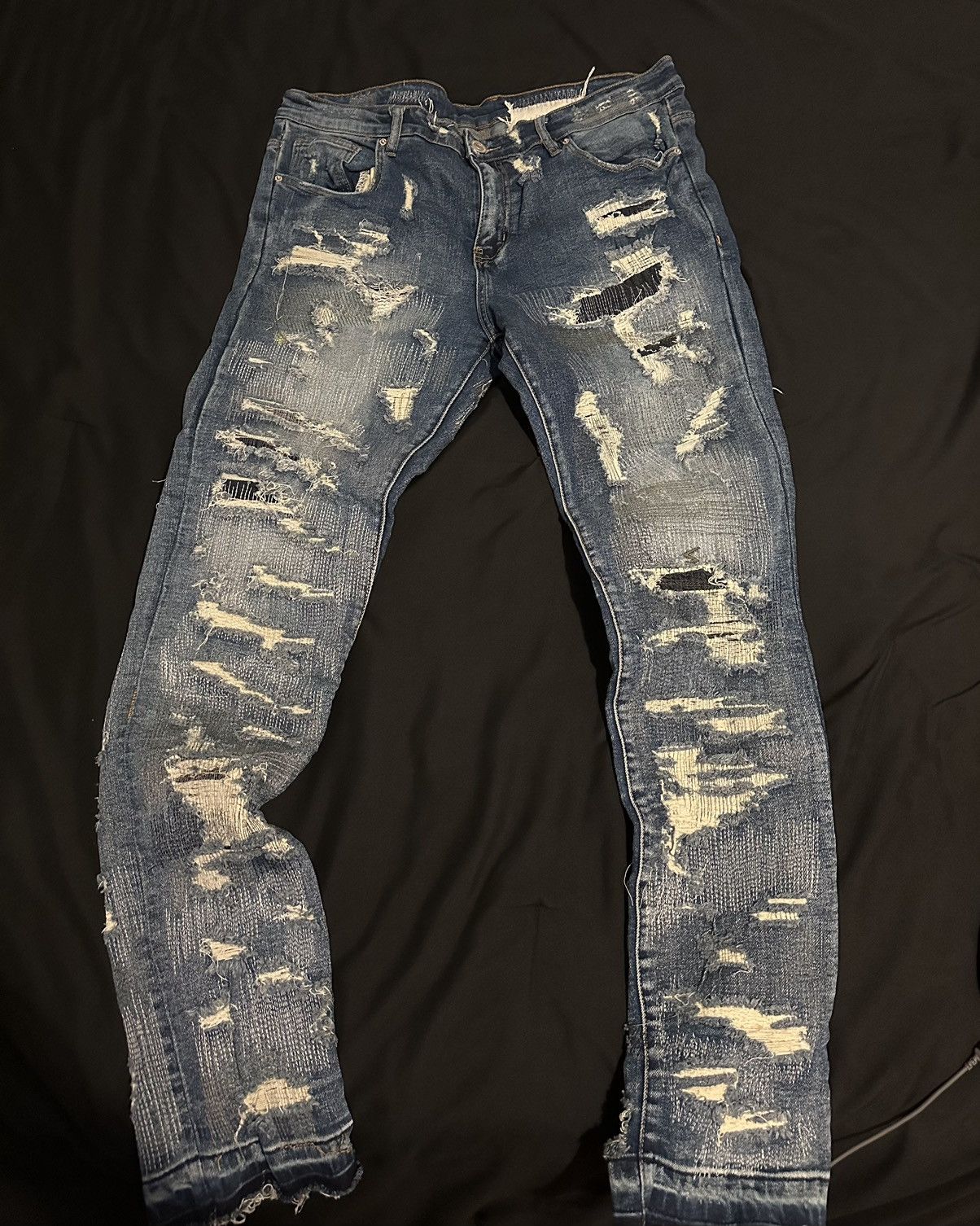 image of Blue Denim Distressed Skinny Jeans, Men's (Size 38)