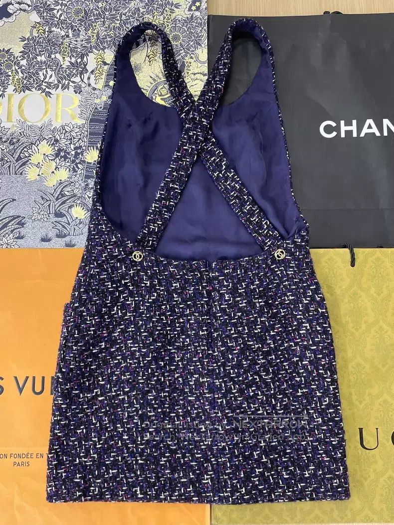 Chanel Chanel Blue color-blocked tweed braided backless dress Size XS / US 0-2 / IT 36-38 - 3 Thumbnail