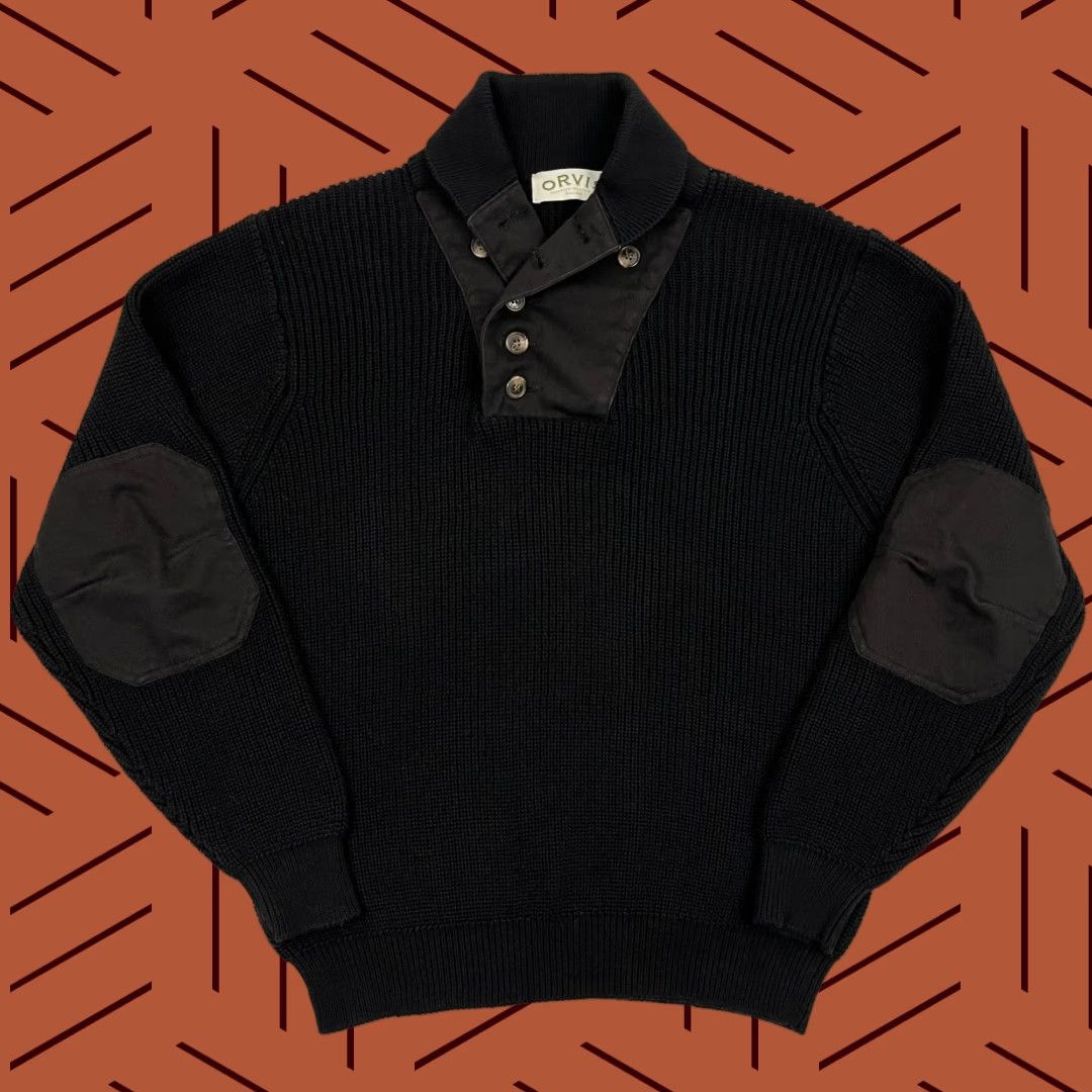 Orvis Orvis Sweater Mens M Black Heavy Knit Elbow Pad Commando Henley Shawl Pullover Size US M / EU 48-50 / 2 - 1 Thumbnail