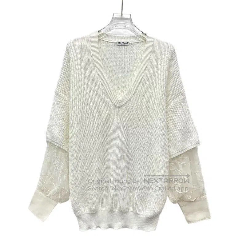 Brunello Cucinelli Brunello Cucinelli White cotton V-neck long-sleeve knit sw Size S / US 4 / IT 40 - 1 Thumbnail
