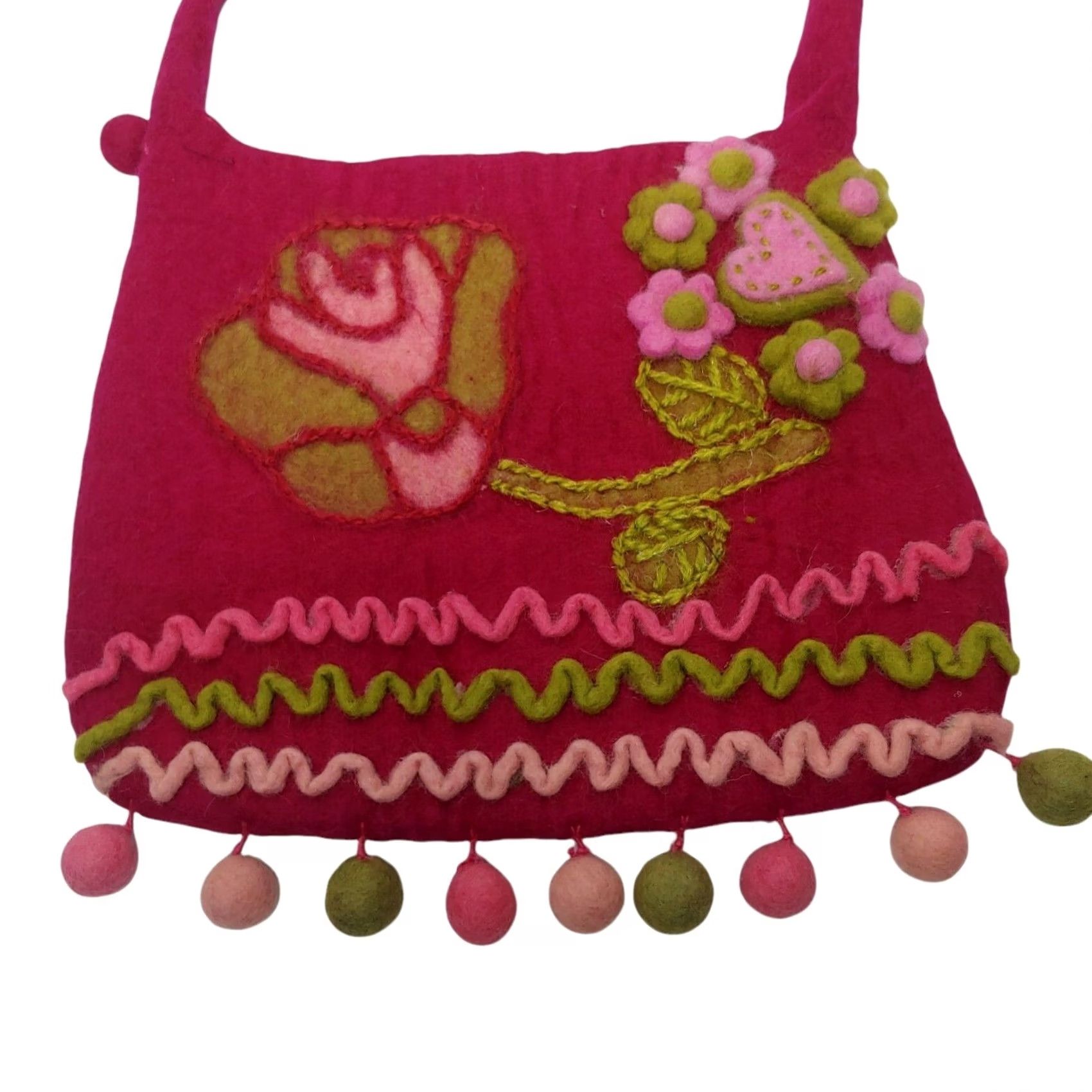 Vintage Uttam London Felted Wool Purse Pink Rose Heart Flower Pom Pom Boho Hippie Zip Bag Shoulder Bag Women 11.5" Pink Green Floral Hearts Size ONE SIZE - 2 Thumbnail