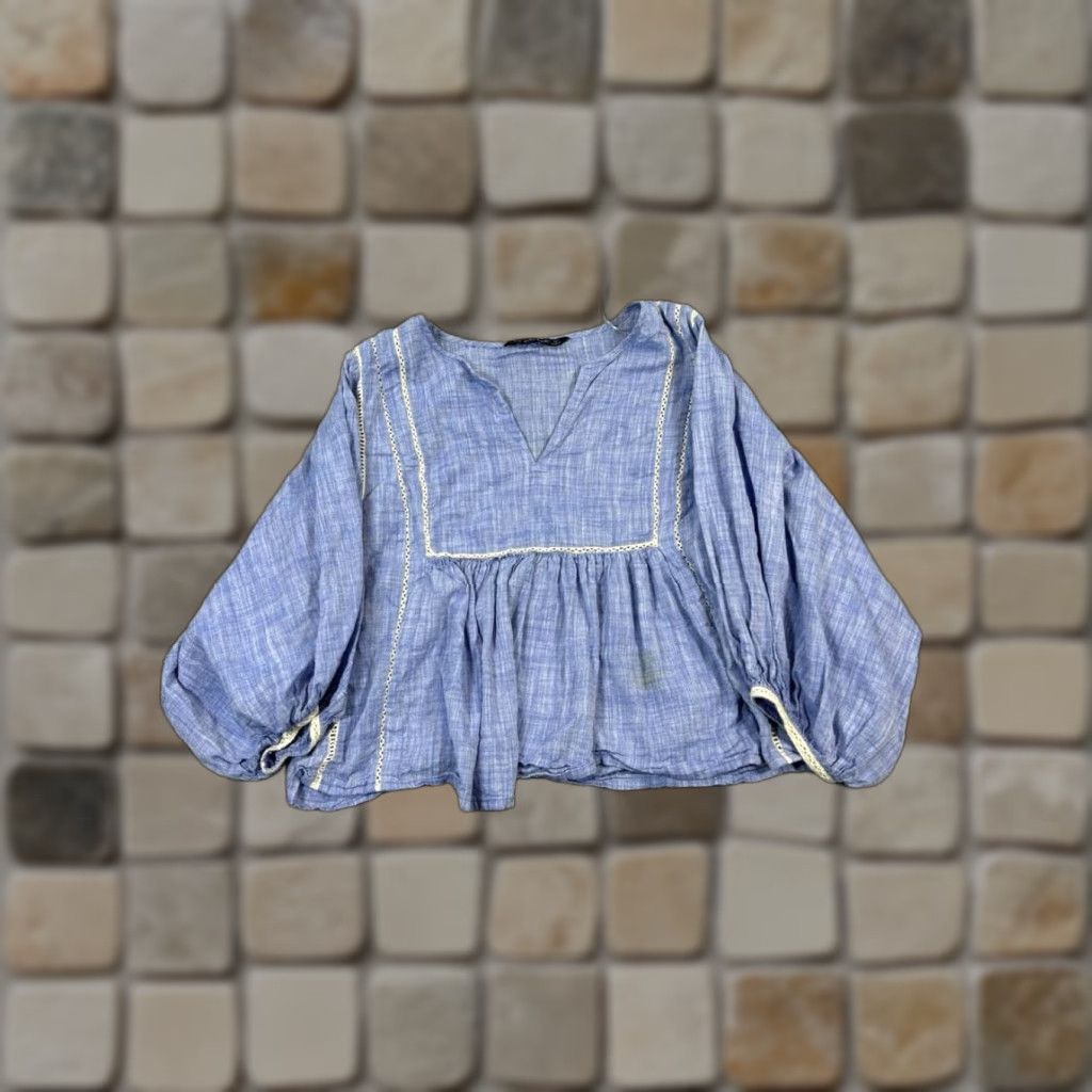 Zara Zara Blouse Women's XS Blue Cotton V-Neck Long Sleeve Casual Shirt Spring Summer Size XS / US 0-2 / IT 36-38 - 1 Thumbnail