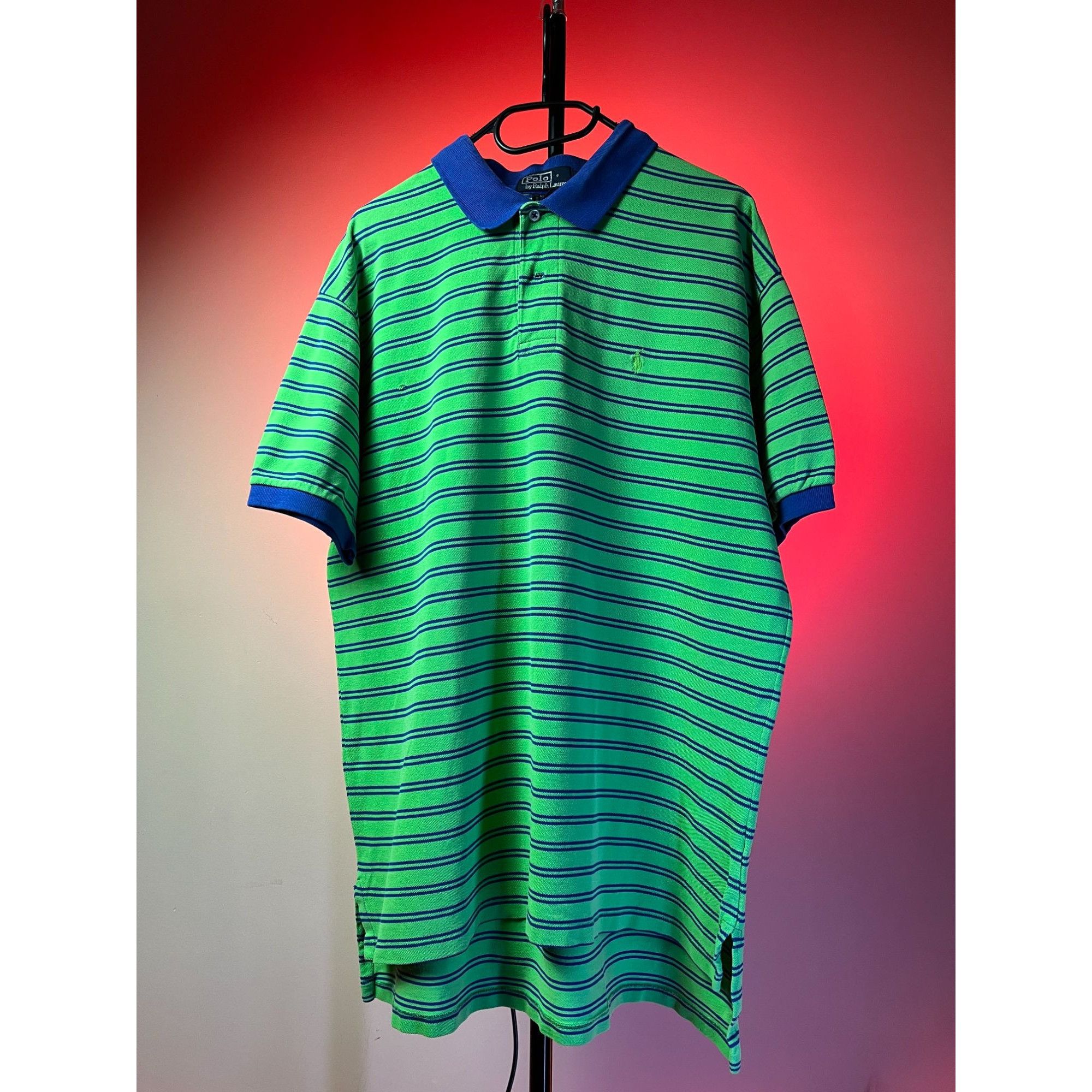 Ralph Lauren × Vintage Vintage Ralph Lauren Polo Shirt Green Blue Stripe XL USA Size US XL / EU 56 / 4 - 1 Thumbnail