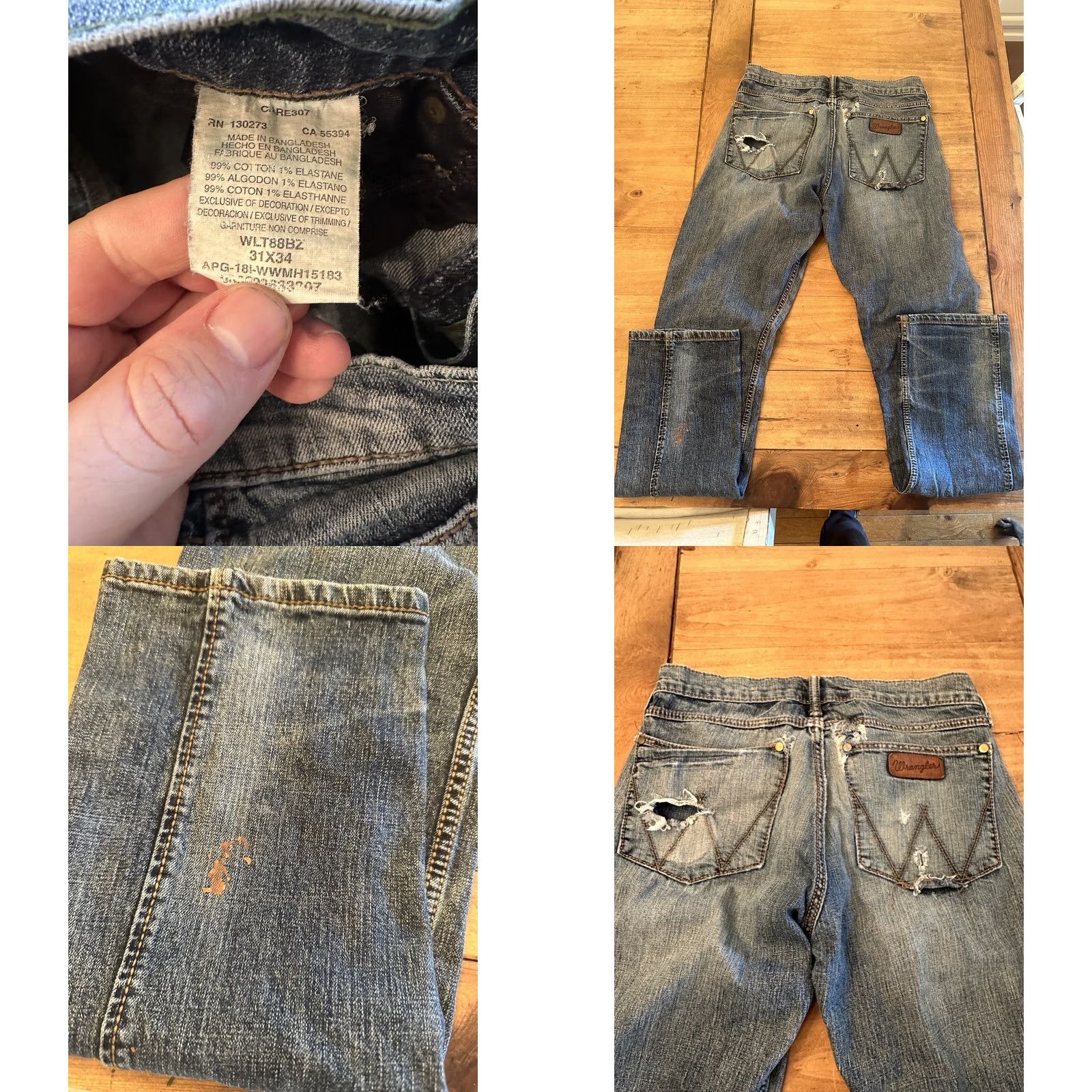 Wrangler Wrangler Jeans Mens 31x34 Blue Slim Fit Straight Leg Stretch WLT88BZ Distressed Size US 31 - 8 Thumbnail