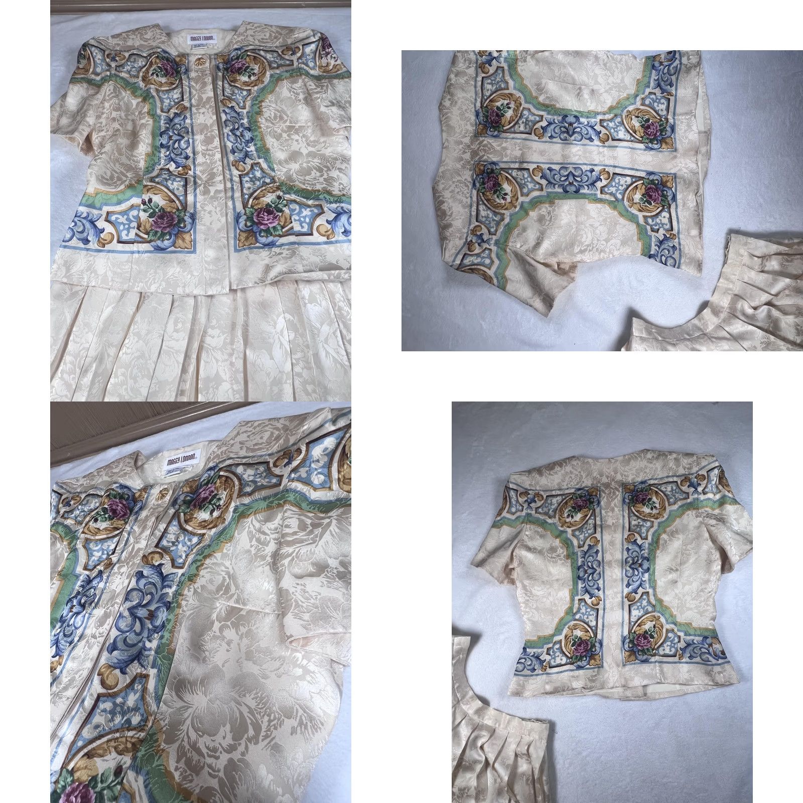 MAGGY LONDON Maggy London Skirt Suit Womens 8 White Silk Floral Pleated Short Sleeve Set 2 Piece Vintage No Size 30" / US 8 / IT 44 - 9 Thumbnail