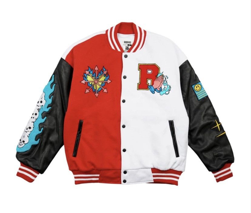 image of Fear Varsity Jacket Red White Jacket Varsity Streetwear, Men's (Size XL)