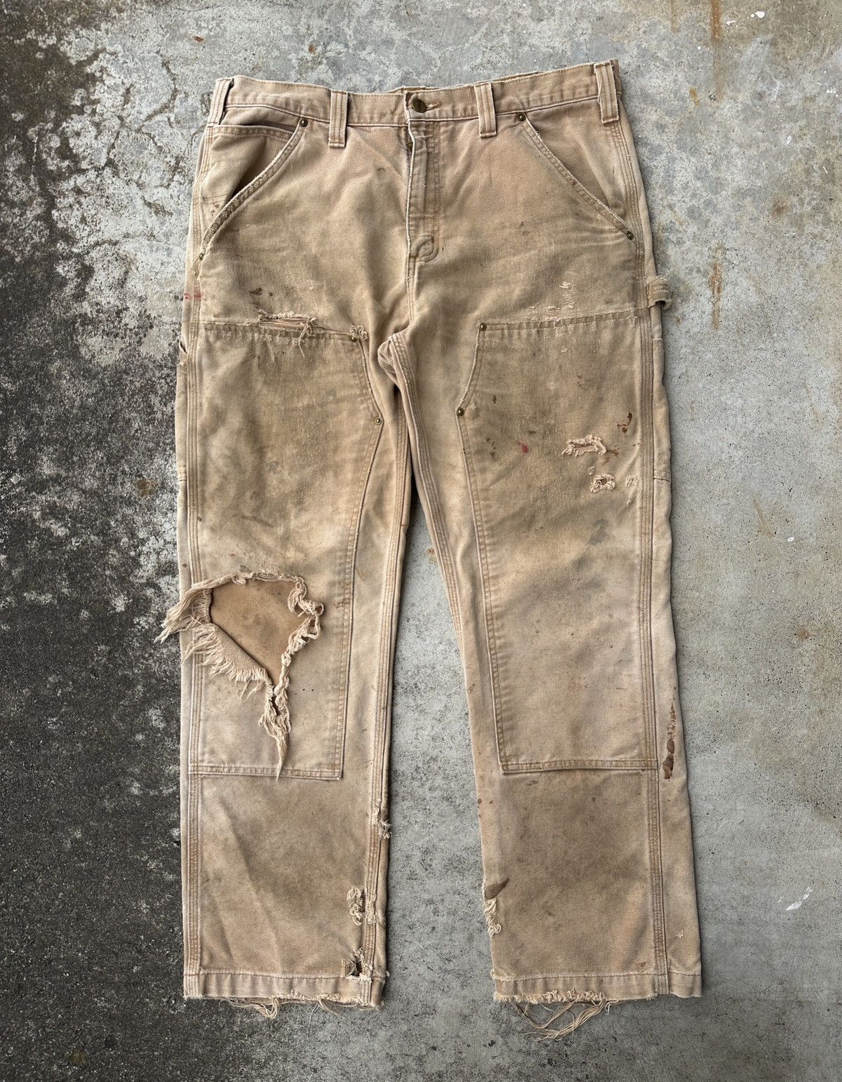 Pre-owned Carhartt Trashed Sun Fade Tan Double Knee Carpenter Workwear Usa In Sand