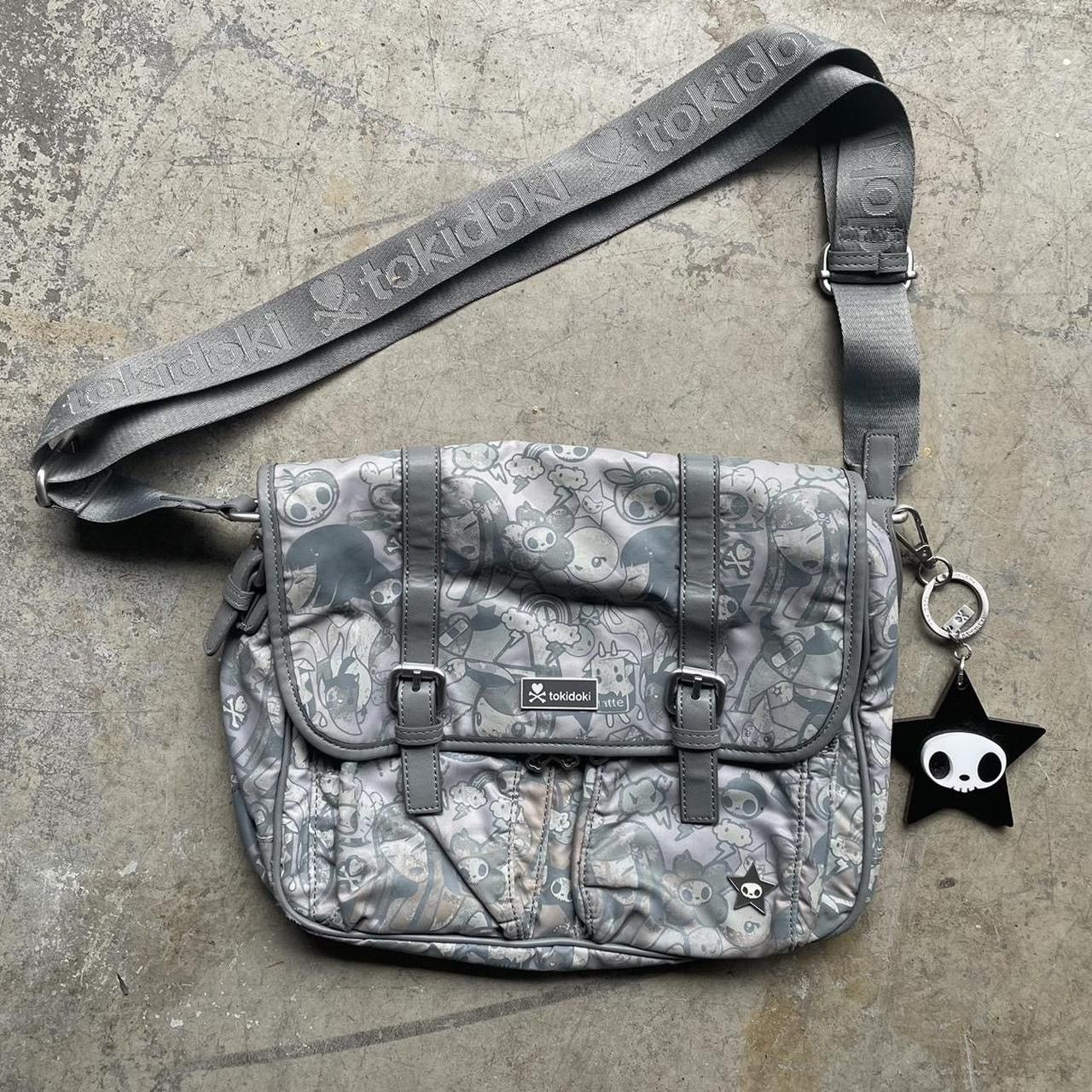 image of Tokidoki Crossbody Messenger Bag With Skull Star Keychain in Grey, Women's