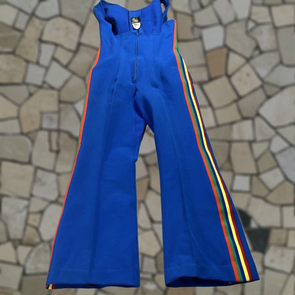 Rainbow VINTAGE Robbe Ski Overalls Womens 12 Blue Rainbow Stripe Wool Stirrup Bib USA Size 34" / US 12 / IT 48 - 1 Thumbnail
