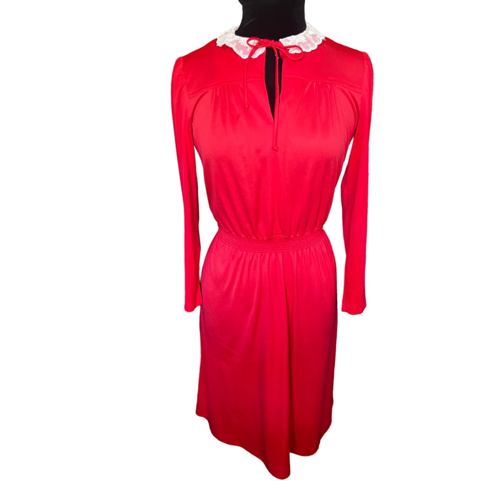 Vintage Vintage 70s Red Lace Collar Long Sleeve Midi Dress XS Small Size S / US 4 / IT 40 - 1 Thumbnail