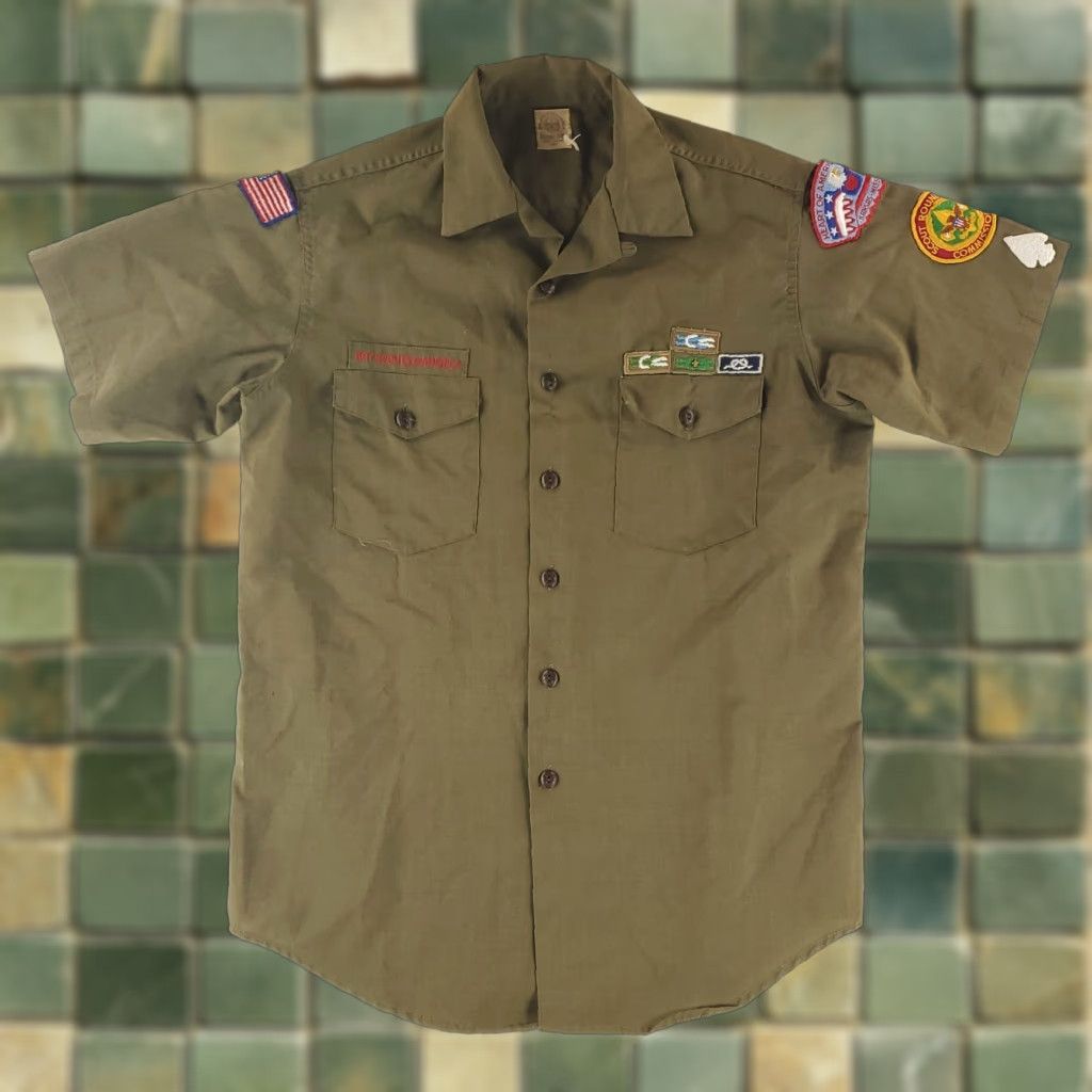 Vintage VINTAGE Boy Scouts BSA VTG 60s Wool Loop Collar Short Sleeve Button Up Shirt Mens XL Green 46s Patch Detailing Size US XL / EU 56 / 4 - 1 Thumbnail