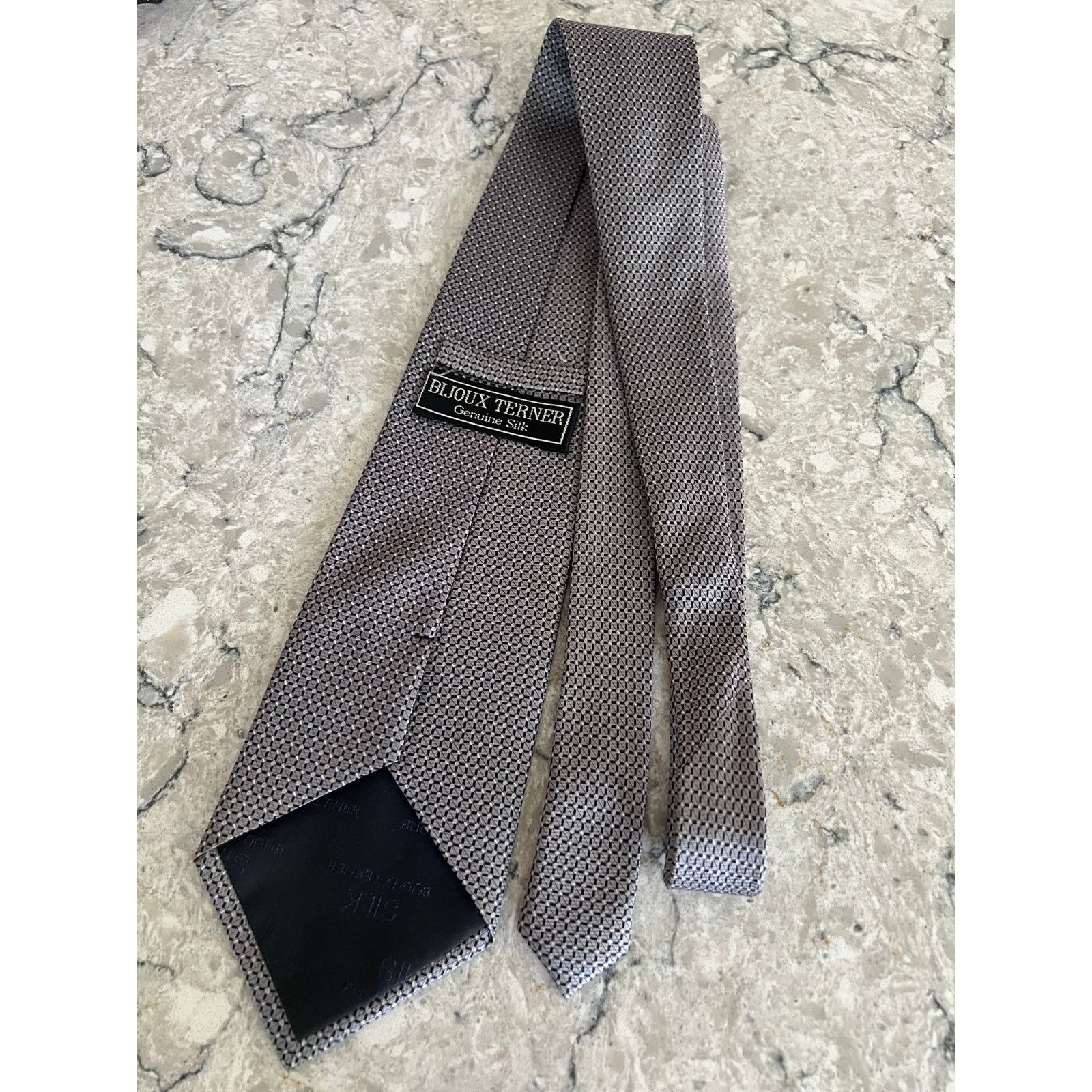 Vintage Bijoux Terner 100% Silk Men's Neck Tie Handmade Silver Black Size ONE SIZE - 3 Thumbnail